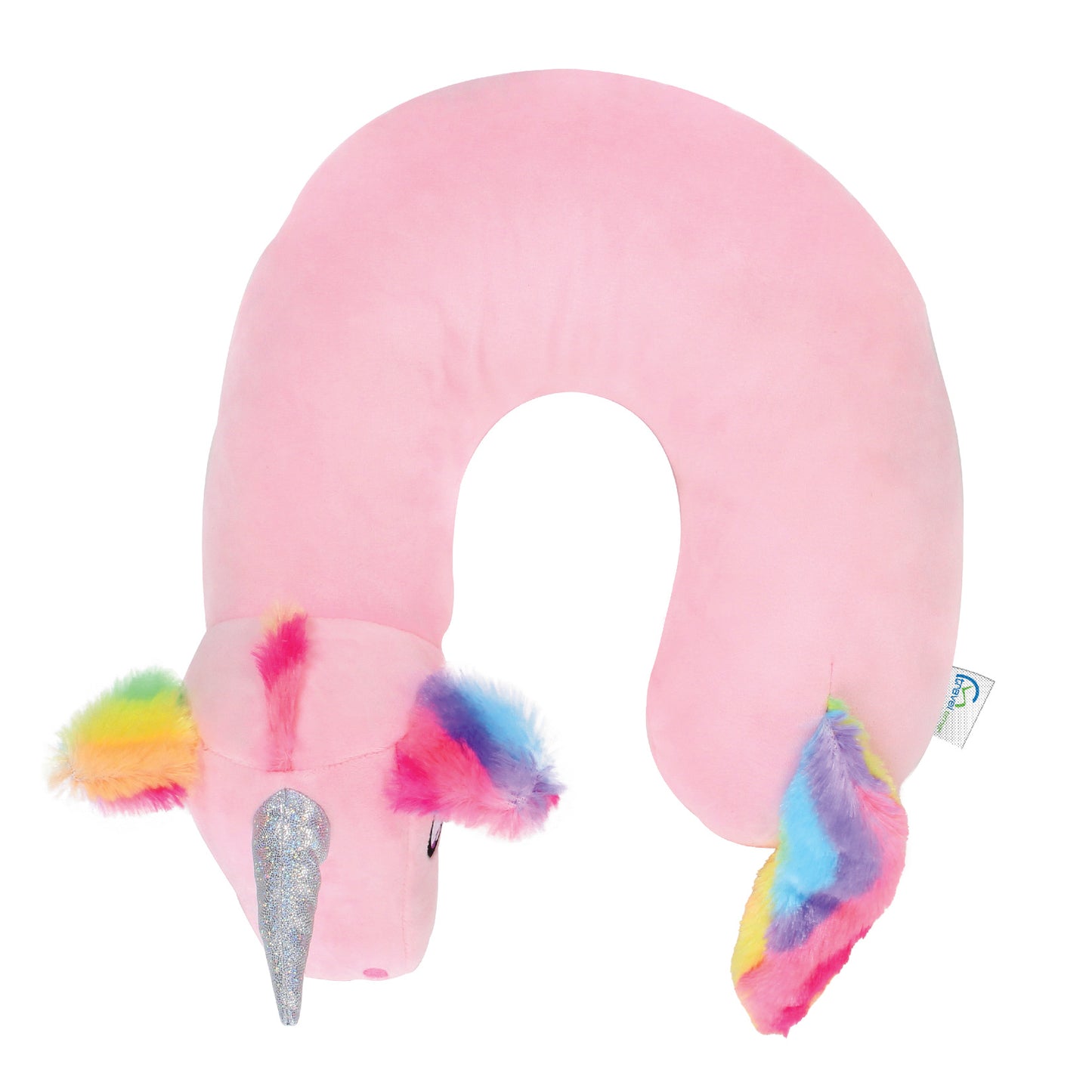 Top view of the Pink Unicorn Kids' Junior Travel Pillow. This travel neck pillow features a pink body with furry, rainbow-colored ears, hair, and tail, as well as a shimmery horn.