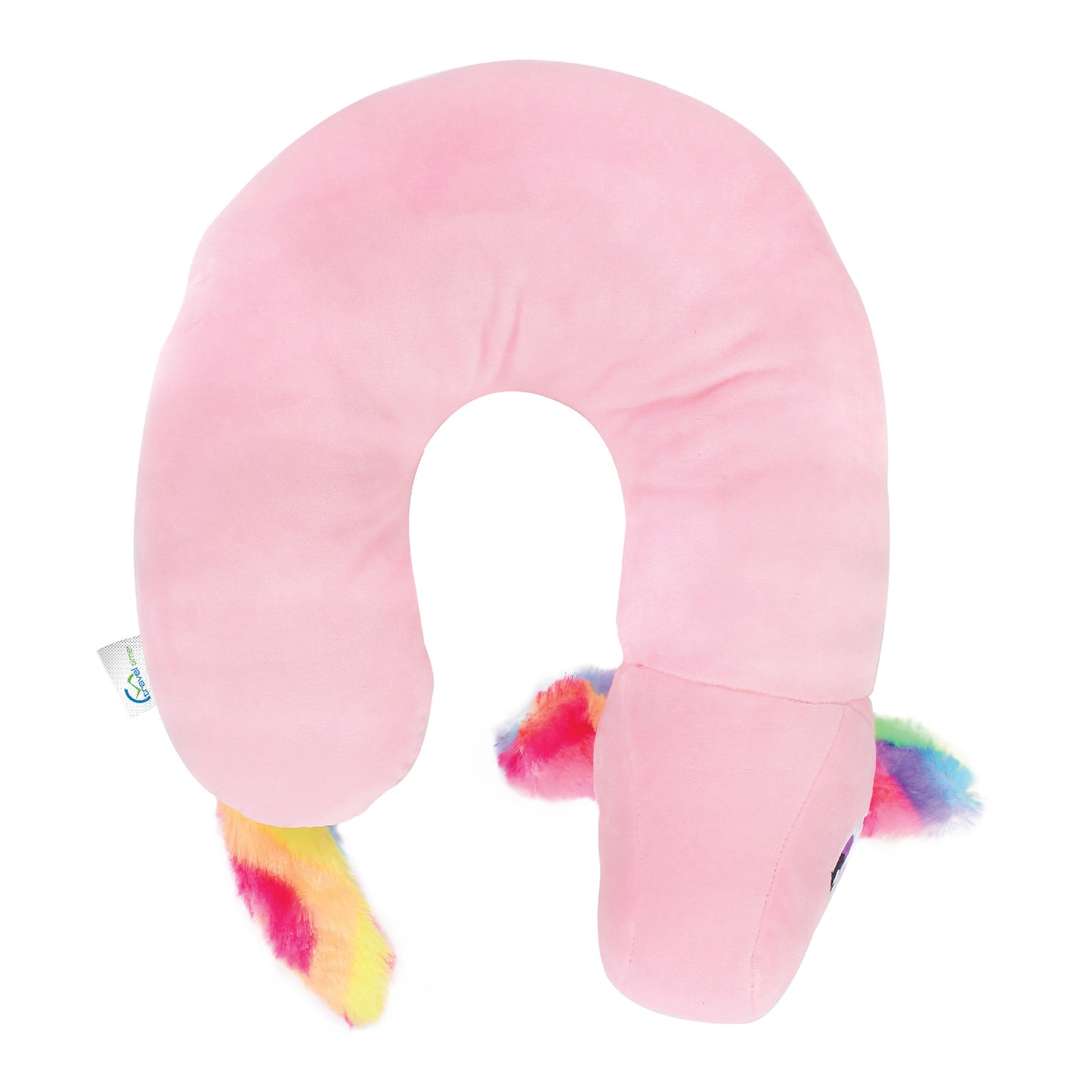 Bottom view of the Pink Unicorn Kids' Junior Travel Pillow. This travel neck pillow features a pink body with furry, rainbow-colored ears, hair, and tail, as well as a shimmery horn.