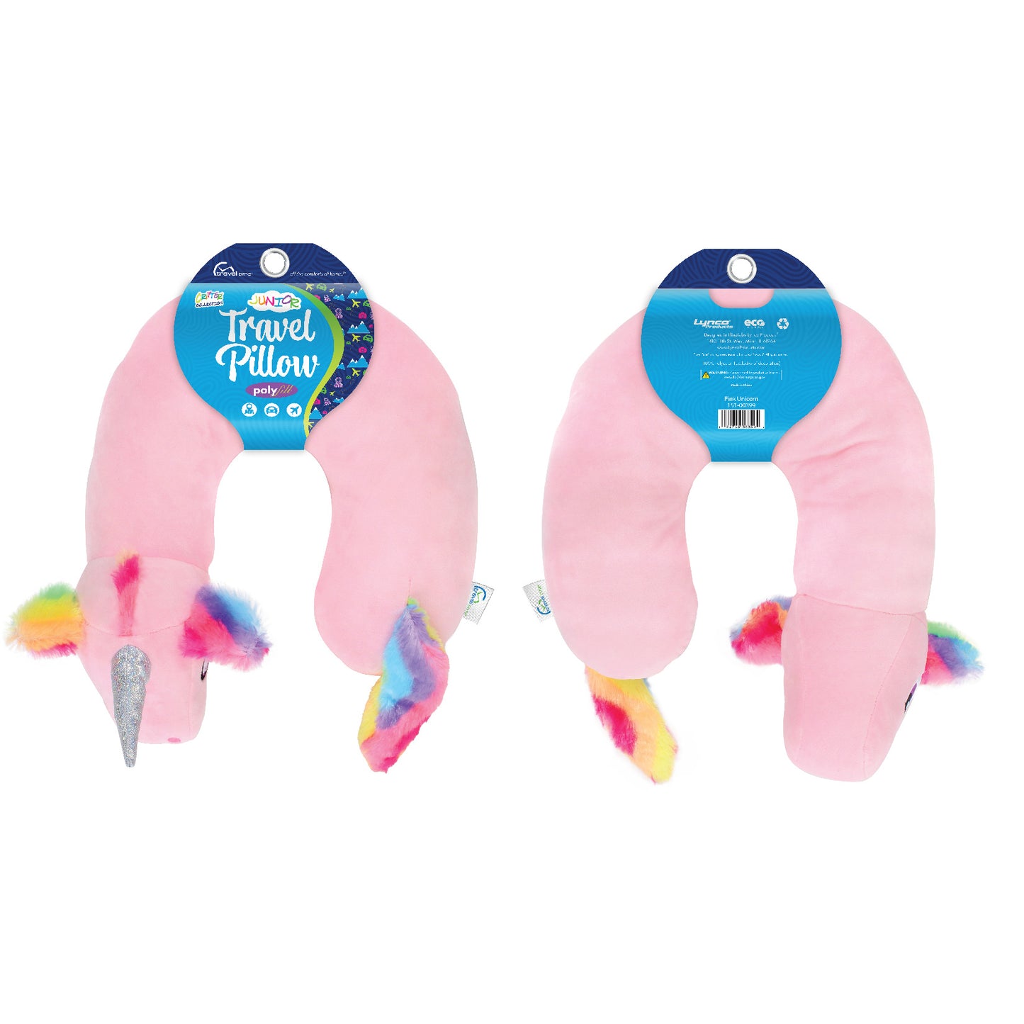 Packaged front and back view of the Pink Unicorn Kids' Junior Travel Pillow. This travel neck pillow features a pink body with embroidered eyes and furry, rainbow-colored ears, hair, and tail, as well as a shimmery horn.