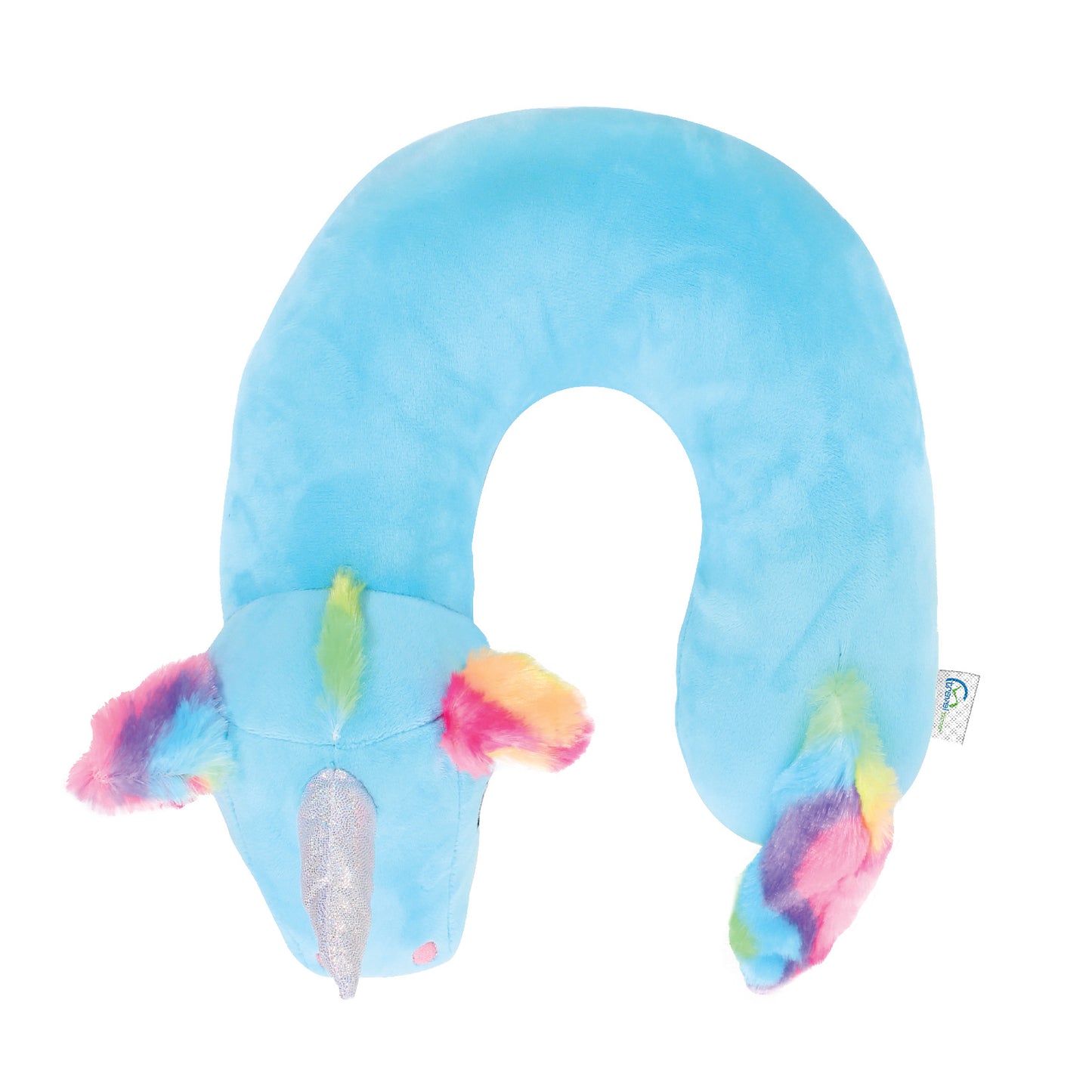 Top view of the Blue Unicorn Kids' Junior Travel Pillow. This travel neck pillow features a blue body with furry, rainbow-colored ears, hair, and tail, as well as a shimmery horn.