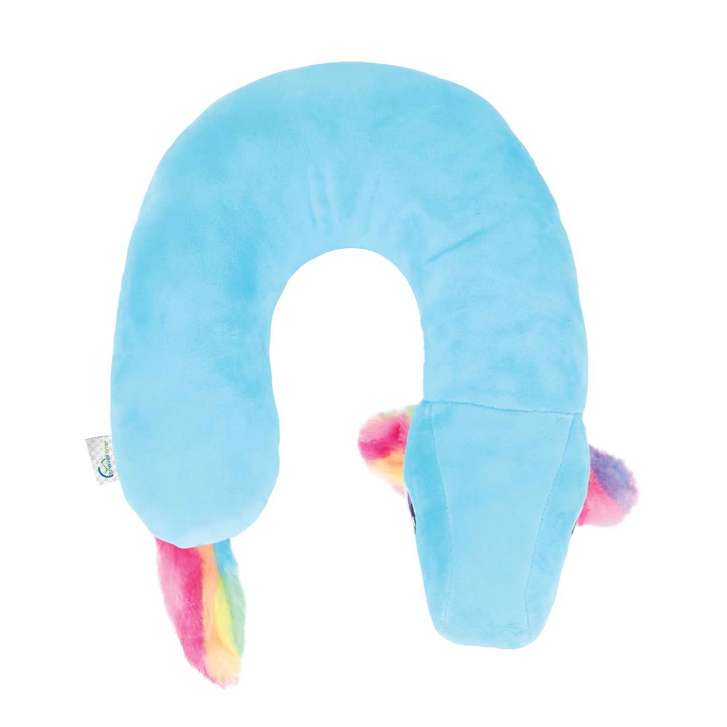 Bottom view of the Blue Unicorn Kids' Junior Travel Pillow. This travel neck pillow features a blue body with furry, rainbow-colored ears, hair, and tail, as well as a shimmery horn.