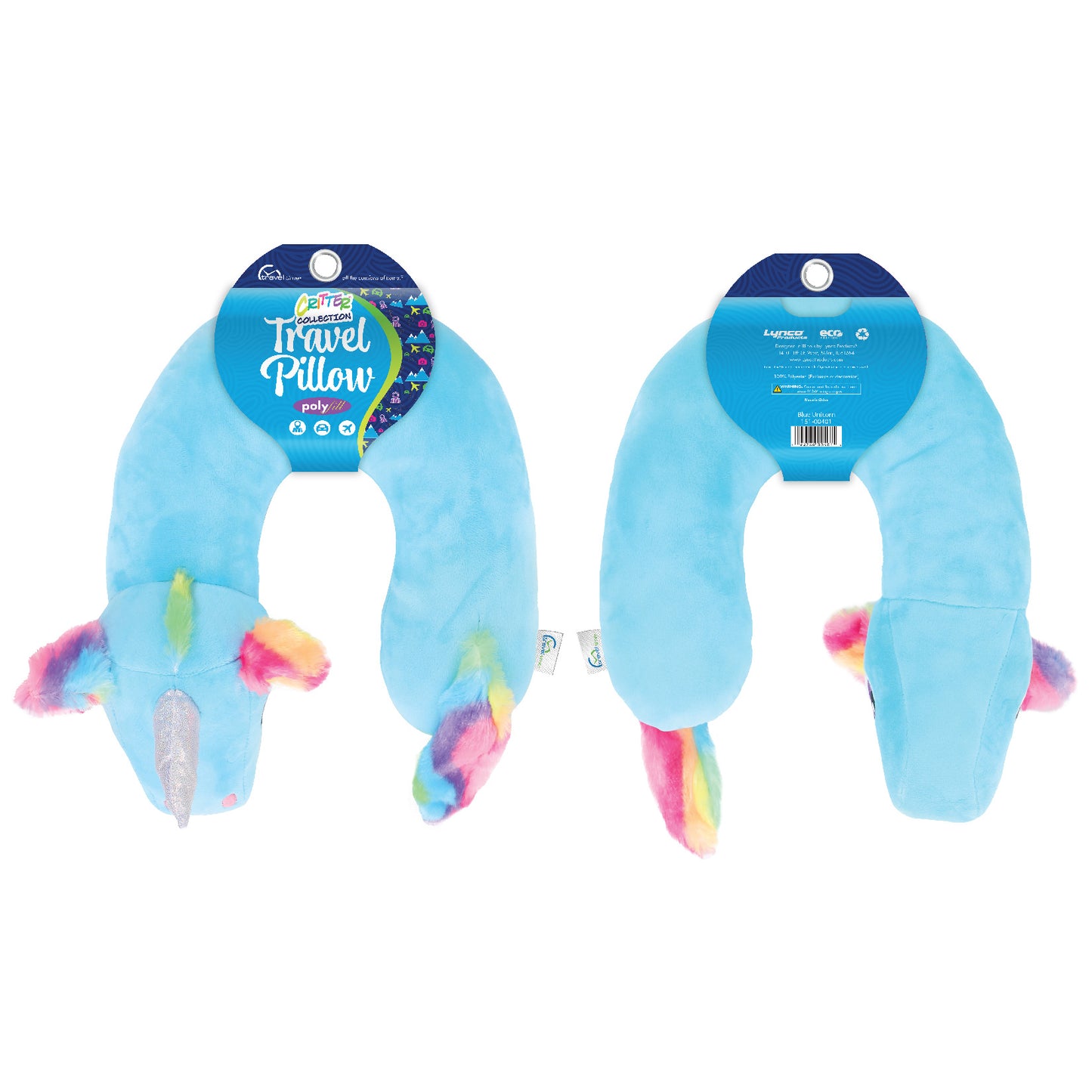 Packaged front and back view of the Blue Unicorn Kids' Junior Travel Pillow. This travel neck pillow features a blue body with embroidered eyes and furry, rainbow-colored ears, hair, and tail, as well as a shimmery horn.