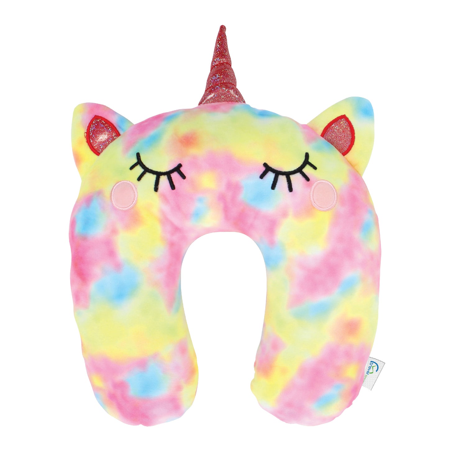 Front view of the Tie Dye Unicorn Kids' Junior Travel Pillow. This travel neck pillow features a tie dye pink/blue/yellow body with a shimmery horn, iridescent ears, and embroidered eyes.