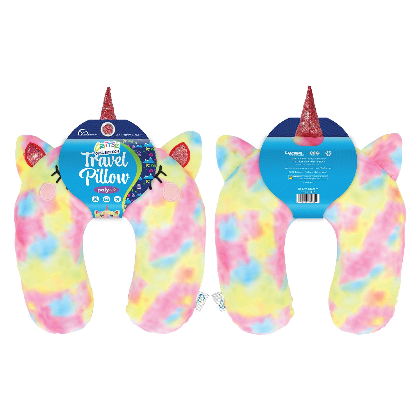 Packaged front and back view of the Tie Dye Unicorn Kids' Junior Travel Pillow. This travel neck pillow features a tie dye pink/blue/yellow body with a shimmery horn, iridescent ears, and embroidered eyes.