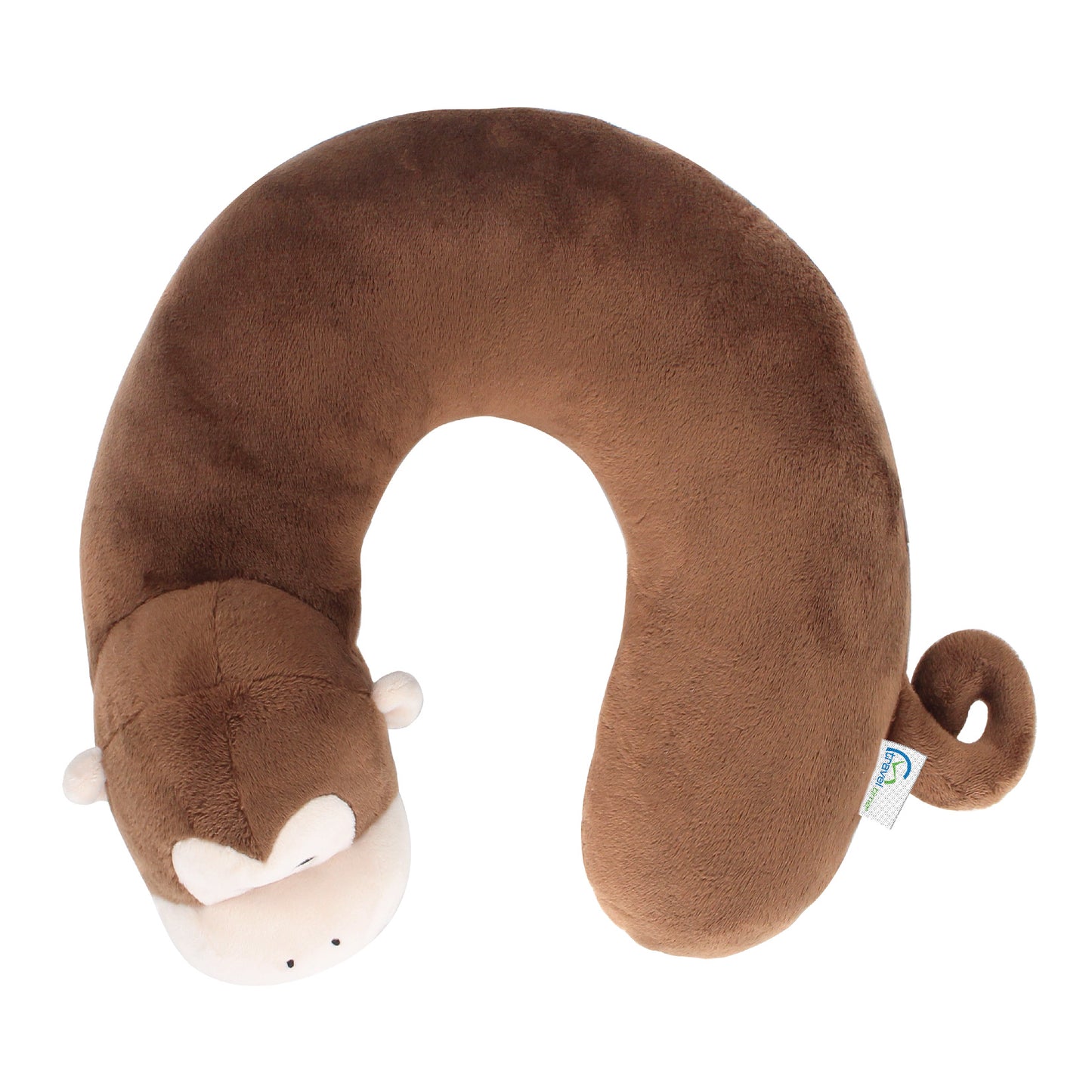 Top view of the Monkey Kids' Junior Travel Pillow. This travel neck pillow features a brown body with monkey-like ears, embroidered facial features, and a curled monkey tail.