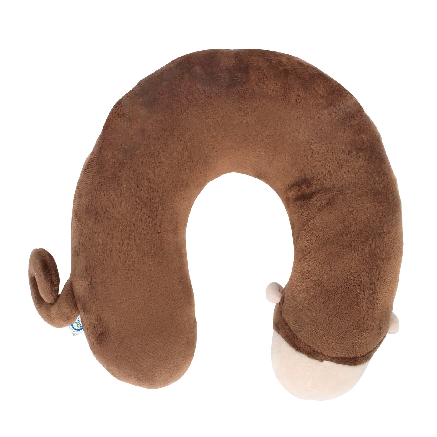 Back view of the Monkey Kids' Junior Travel Pillow. This travel neck pillow features a brown body with monkey-like ears, embroidered facial features, and a curled monkey tail.