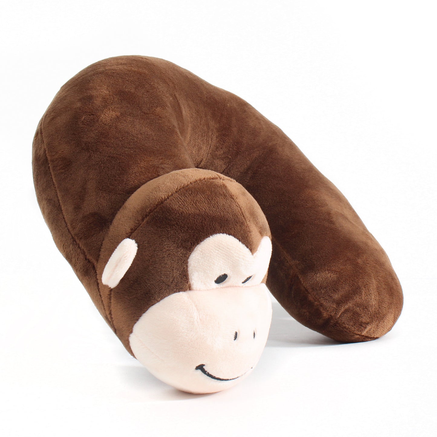 Side view of the Monkey Kids' Junior Travel Pillow. This travel neck pillow features a brown body with monkey-like ears, embroidered facial features, and a curled monkey tail.