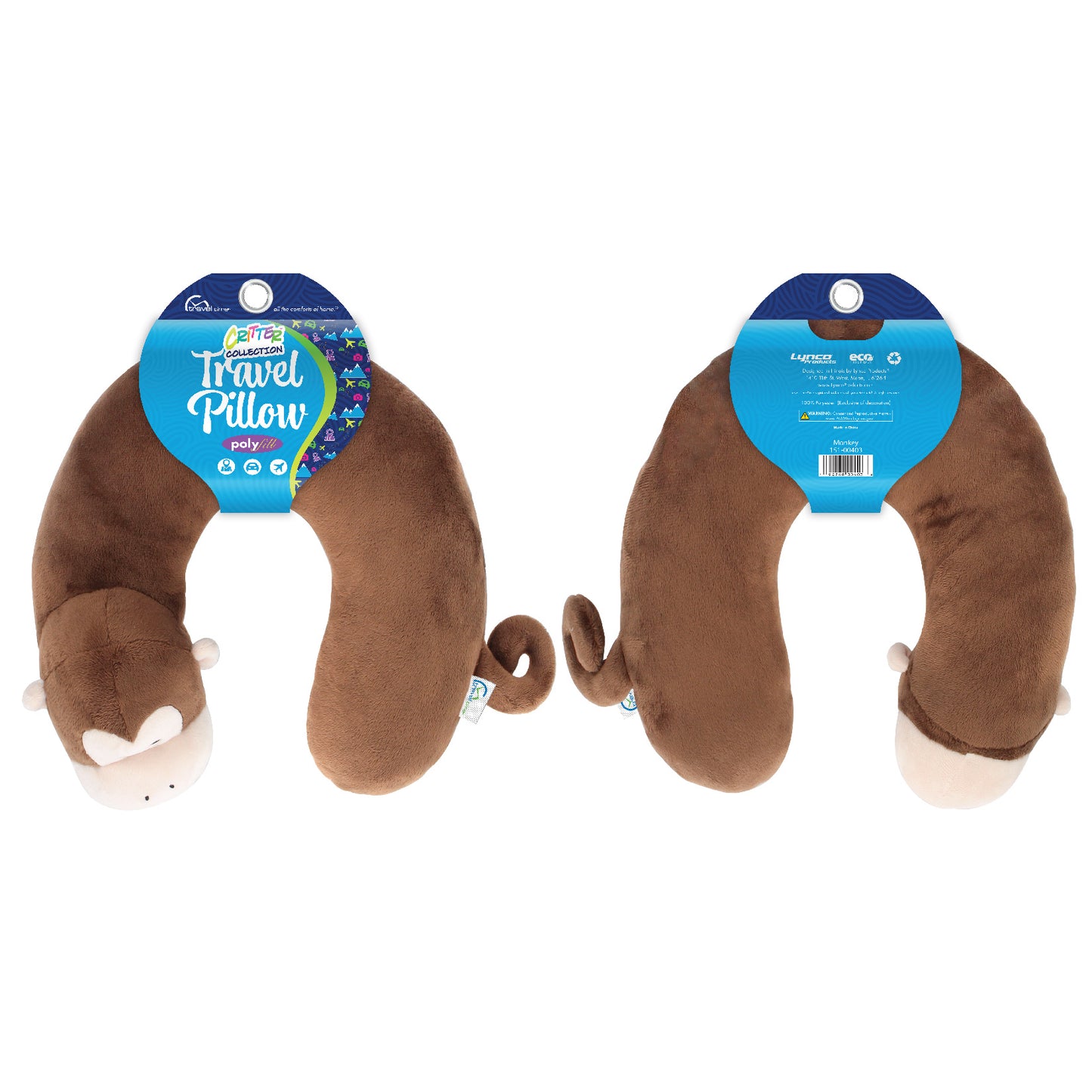 Packaged view of the Monkey Kids' Junior Travel Pillow. This travel neck pillow features a brown body with monkey-like ears, embroidered facial features, and a curled monkey tail.