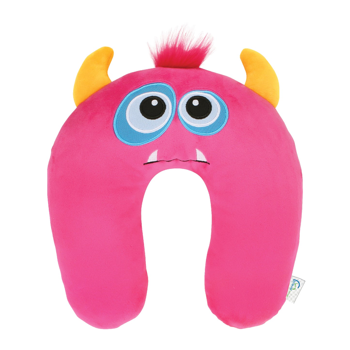 Front view of the Monster Kids' Junior Travel Pillow. This travel neck pillow features a hot pink body, pink hair, and golden horns, as well as embroidered facial features with funky eyes and sharp teeth.