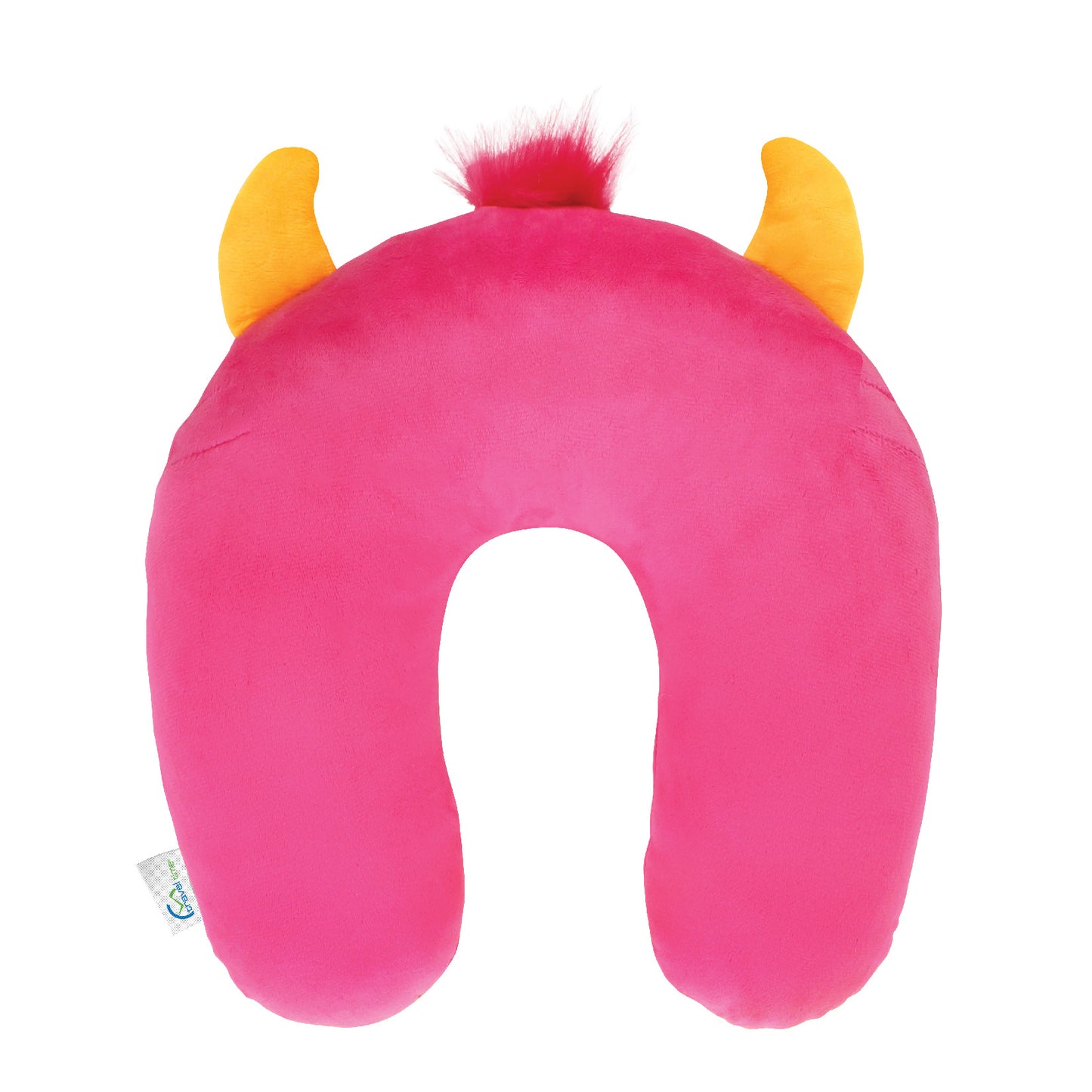 Back view of the Monster Kids' Junior Travel Pillow. This travel neck pillow features a hot pink body, pink hair, and golden horns, as well as embroidered facial features with funky eyes and sharp teeth.