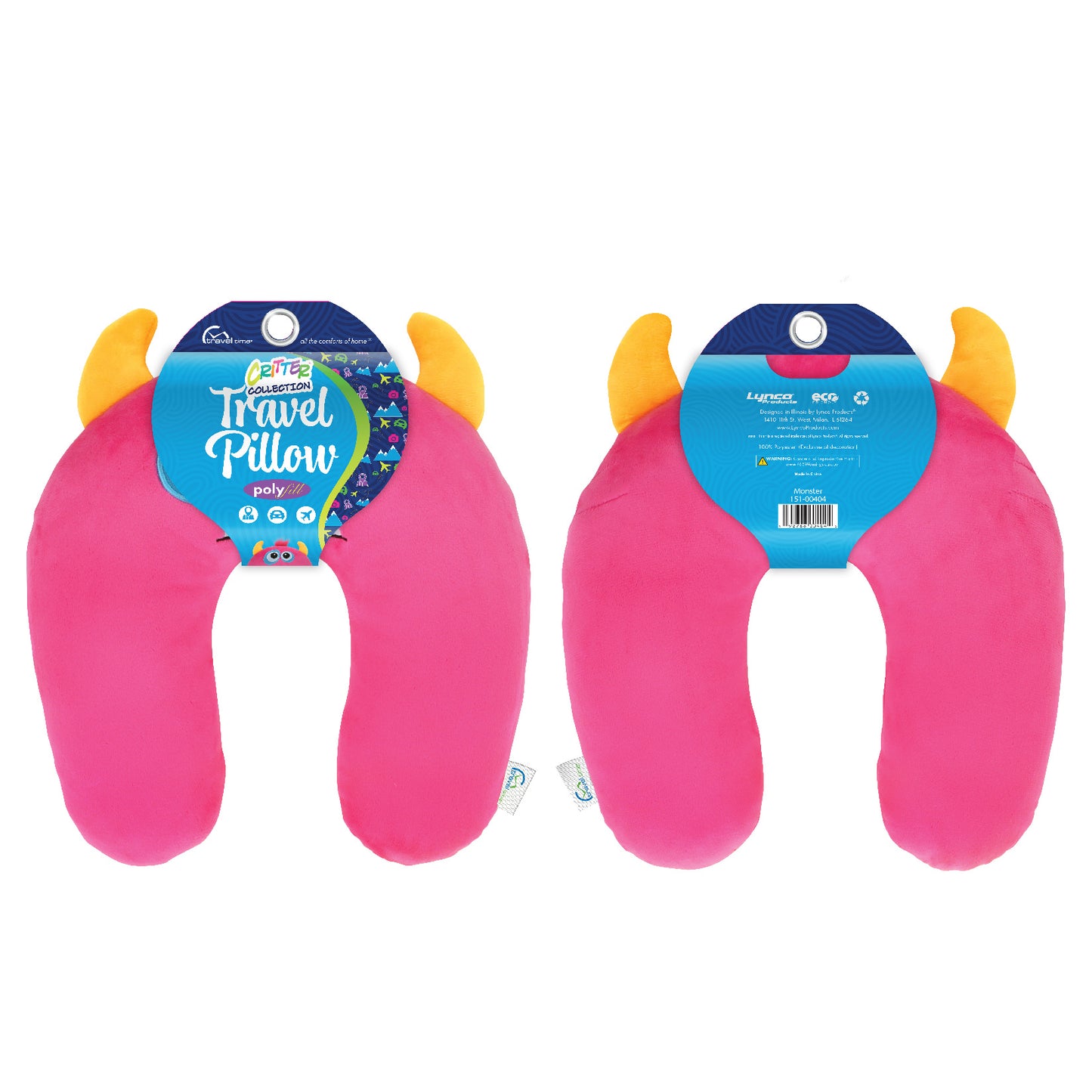 Packaged front and back view of the Monster Kids' Junior Travel Pillow. This travel neck pillow features a hot pink body, pink hair, and golden horns, as well as embroidered facial features with funky eyes and sharp teeth.