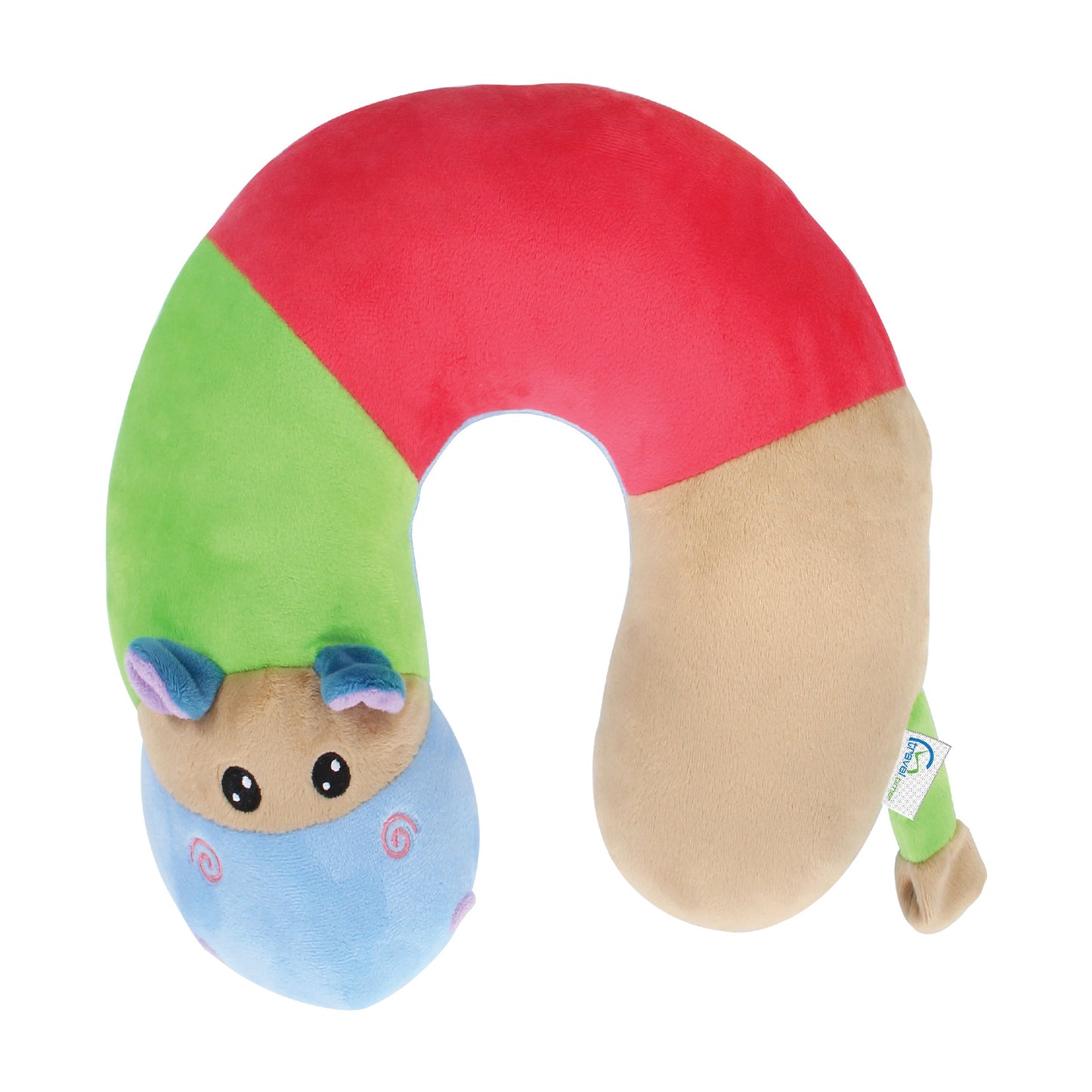 Top view of the Hippo Kids' Junior Travel Pillow. This travel neck pillow features a colorful body of blue, brown, green, and red segments. This hippo neck pillow also has purple ears, a green tail, and embroidered facial features.
