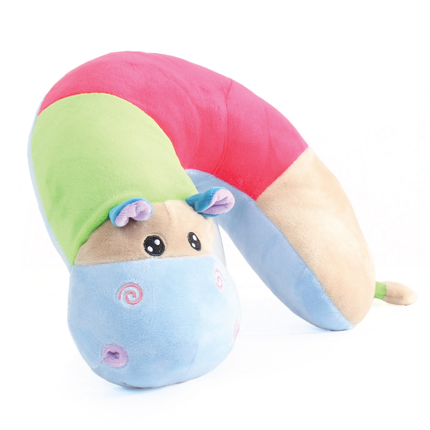 Side view of the Hippo Kids' Junior Travel Pillow. This travel neck pillow features a colorful body of blue, brown, green, and red segments. This hippo neck pillow also has purple ears, a green tail, and embroidered facial features.