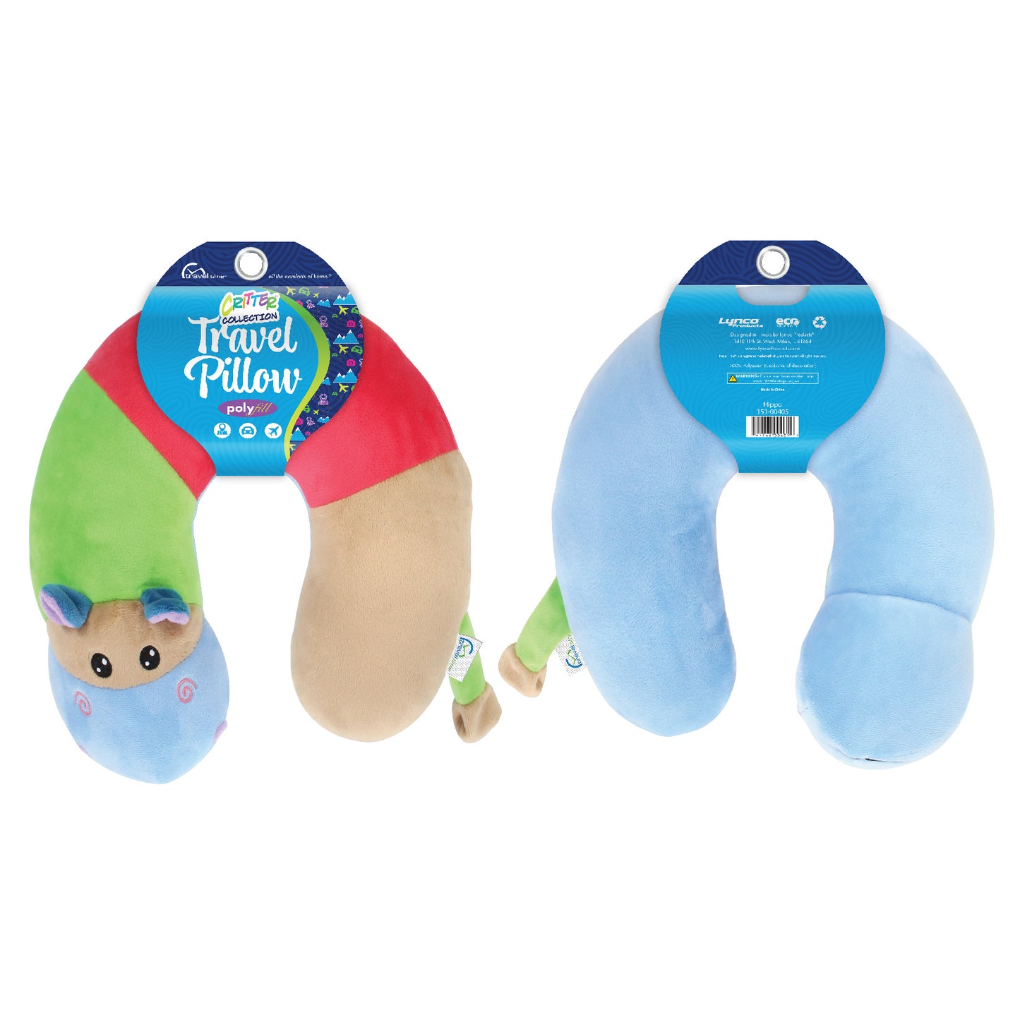 Packaged front and back view of the Hippo Kids' Junior Travel Pillow. This travel neck pillow features a colorful body of blue, brown, green, and red segments. This hippo neck pillow also has purple ears, a green tail, and embroidered facial features.