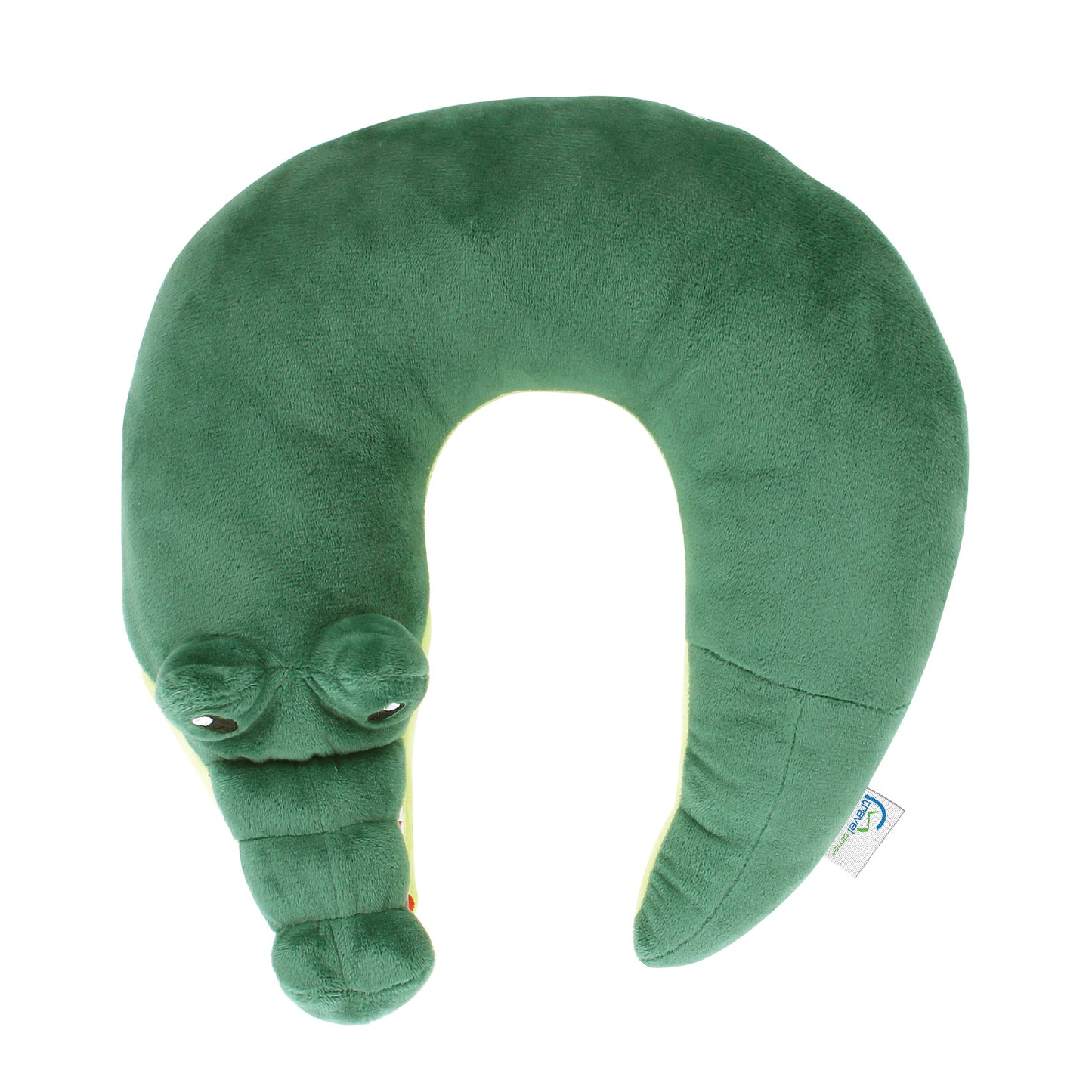 Top view of the Alligator Kids' Junior Travel Pillow. This travel neck pillow features a soft, dark green body with embroidered facial features, a long snout, and a mouth opening to show off sharp teeth.