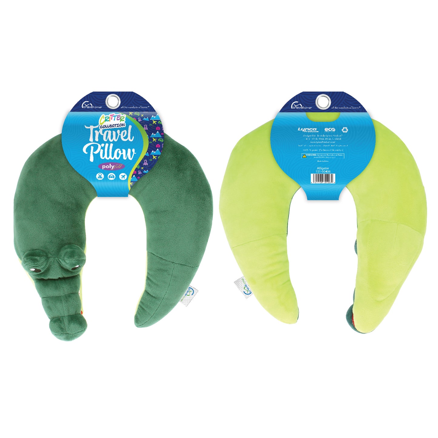Packaged front and back view of the Alligator Kids' Junior Travel Pillow. This travel neck pillow features a soft, dark green body with embroidered facial features, a long snout, and a mouth opening to show off sharp teeth.