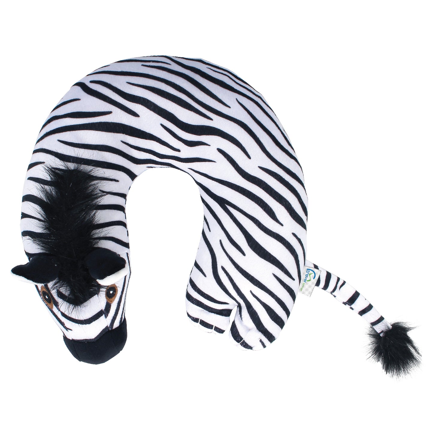 Top view of the Zebra Kids' Junior Travel Pillow. This travel neck pillow features a soft, black and white striped body with embroidered facial features, ears, furry hair, and a tail.