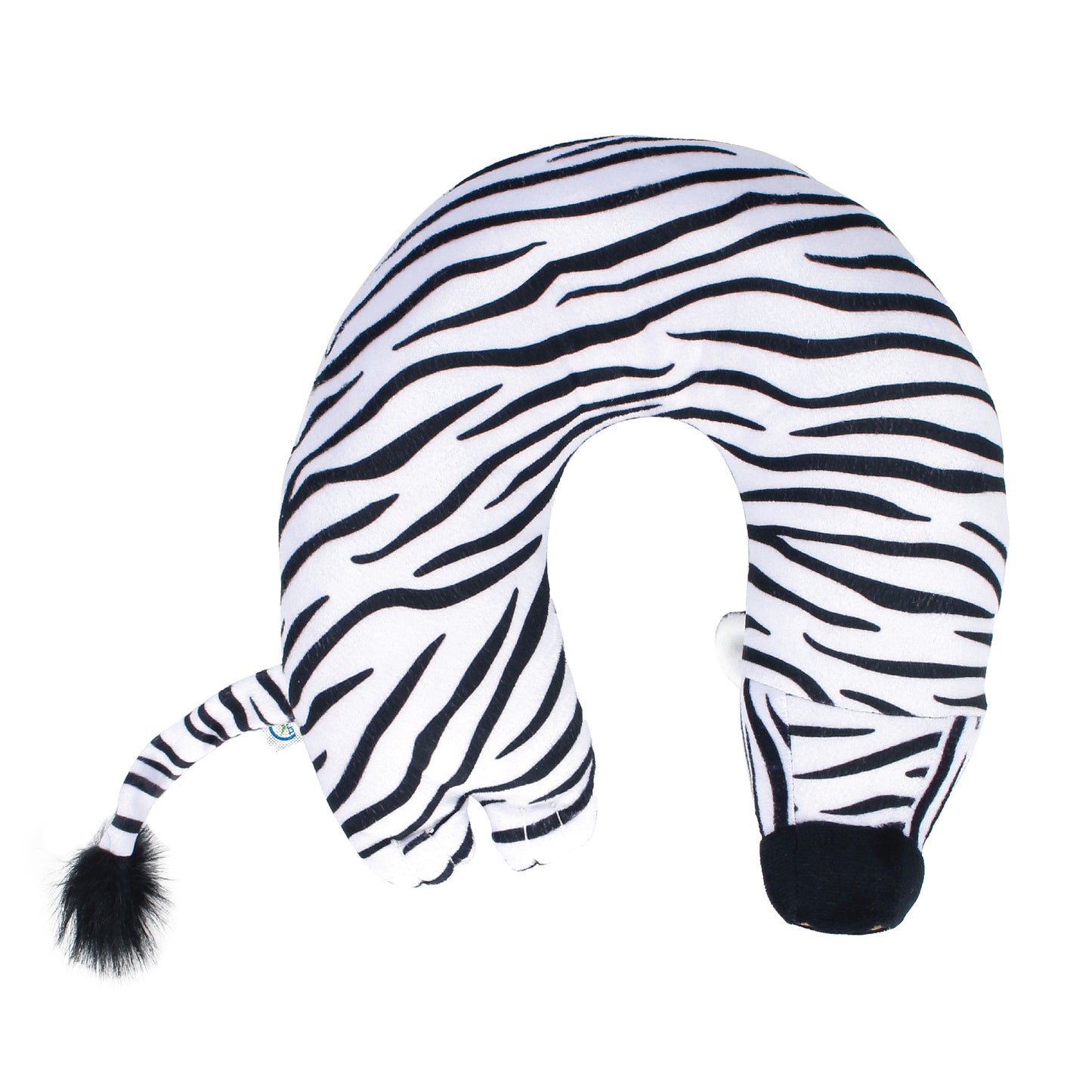 Bottom view of the Zebra Kids' Junior Travel Pillow. This travel neck pillow features a soft, black and white striped body with embroidered facial features, ears, furry hair, and a tail.
