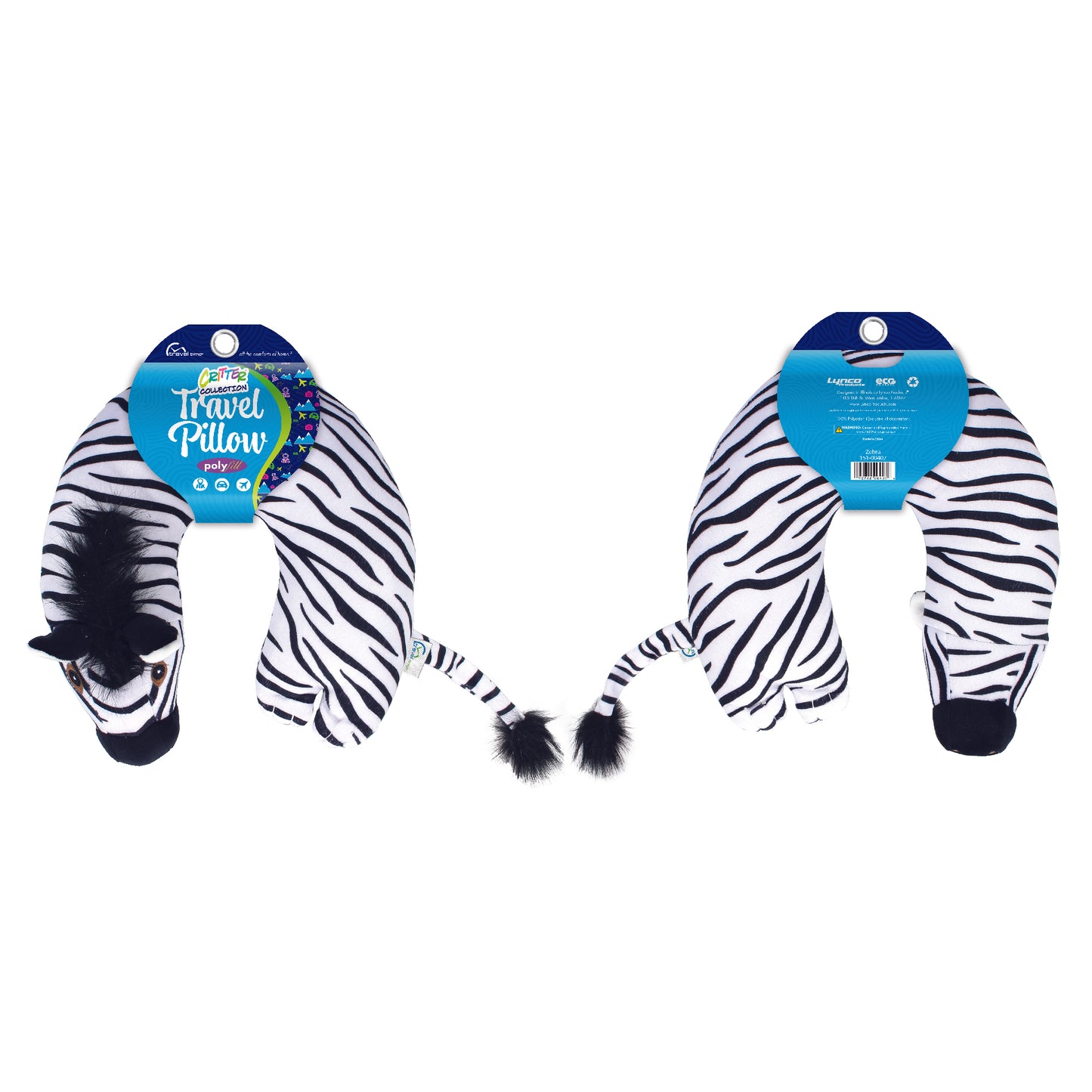 Packaged front and back view of the Zebra Kids' Junior Travel Pillow. This travel neck pillow features a soft, black and white striped body with embroidered facial features, ears, furry hair, and a tail.