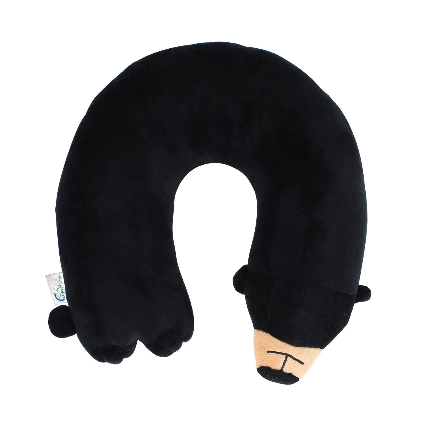 Bottom view of the Bear Kids' Junior Travel Pillow. This travel neck pillow features a soft, black body with embroidered facial features, ears, a brown snout, and a tail.