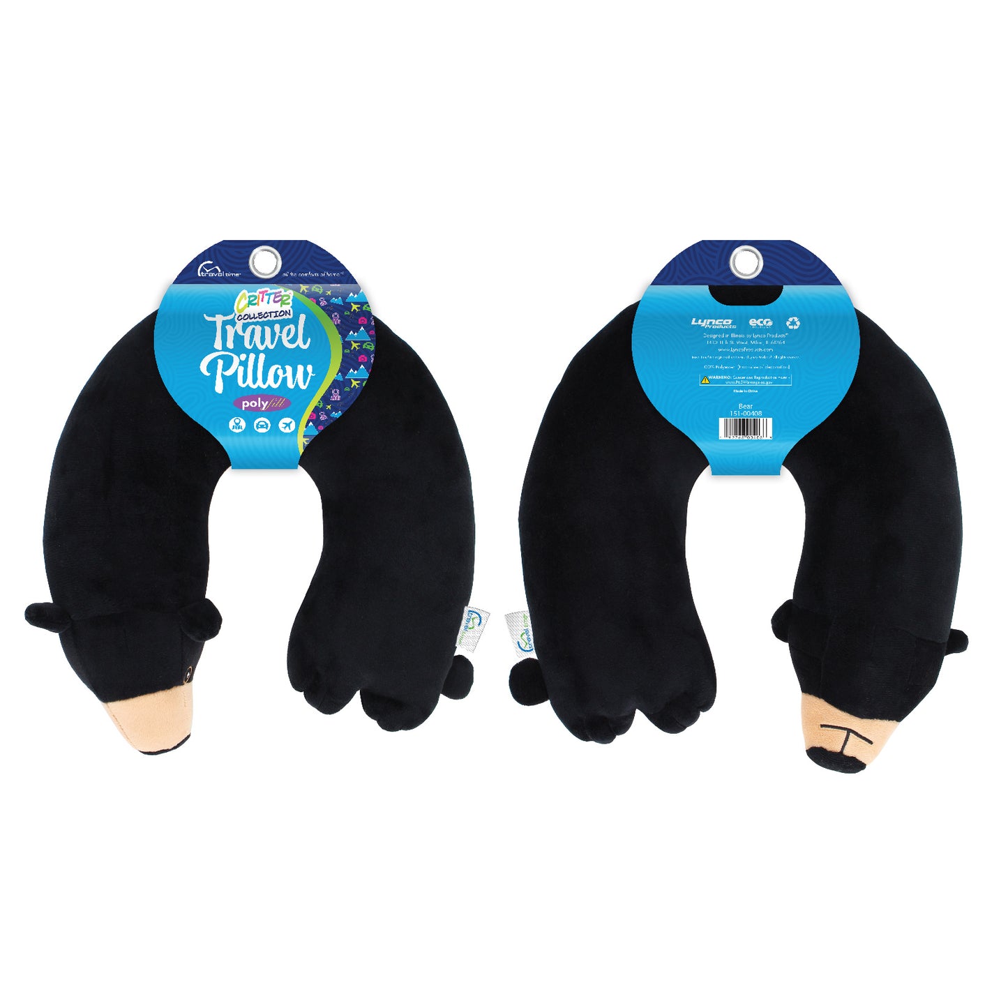 Packaged front and back view of the Bear Kids' Junior Travel Pillow. This travel neck pillow features a soft, black body with embroidered facial features, ears, a brown snout, and a tail.