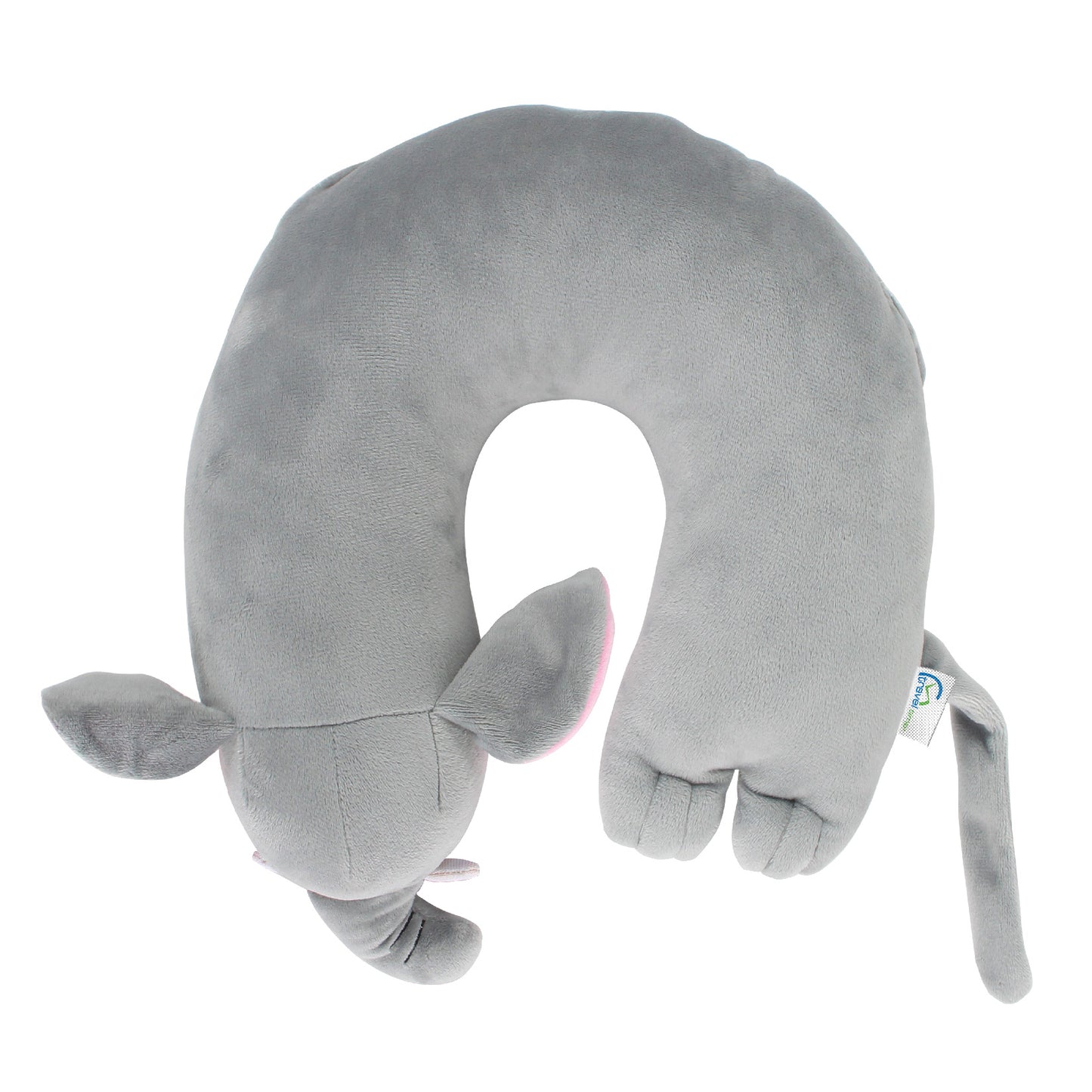 Top view of the Elephant Kids' Junior Travel Pillow. This travel neck pillow features a soft, gray body with embroidered facial features, ears, horns, a trunk, and a long tail.