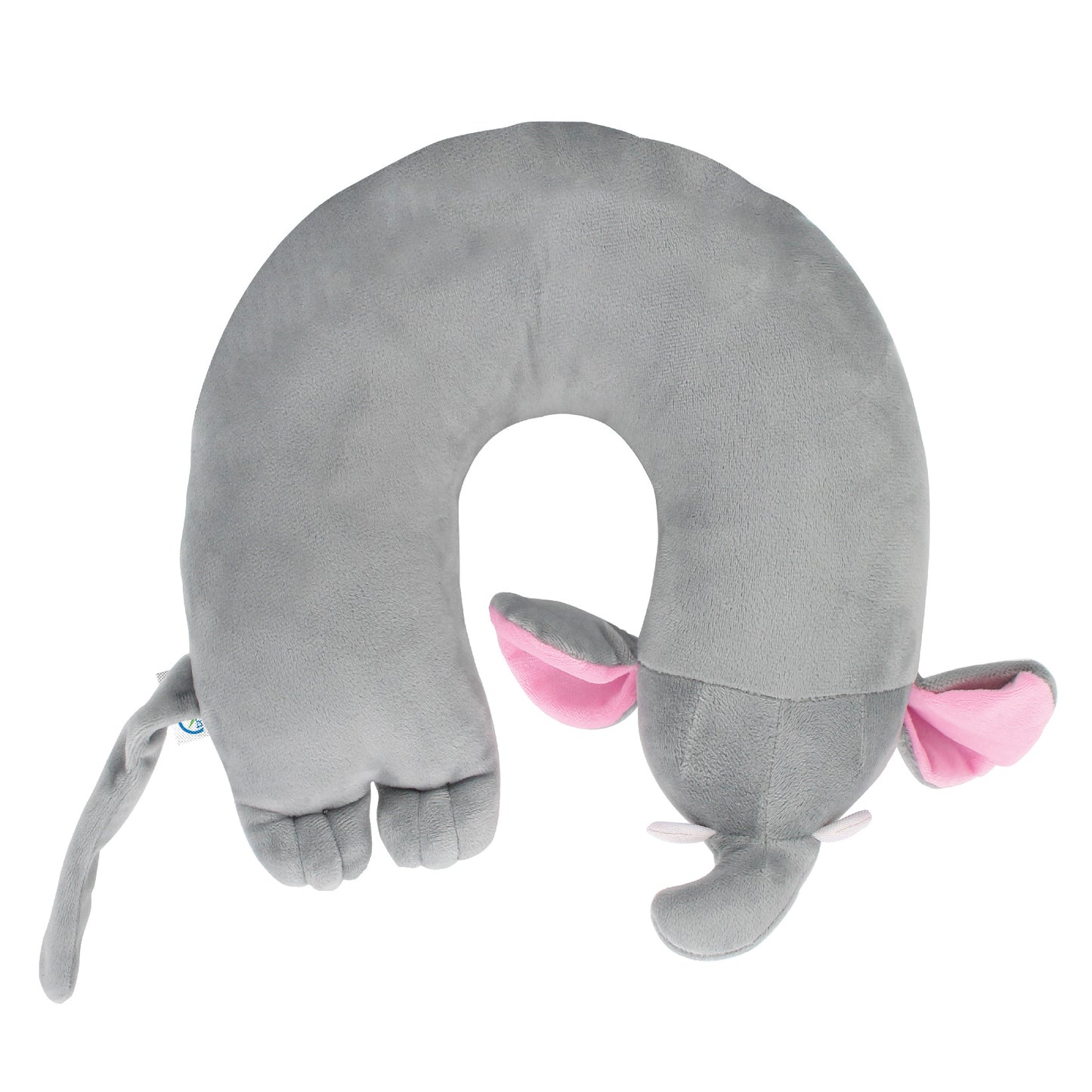 Bottom view of the Elephant Kids' Junior Travel Pillow. This travel neck pillow features a soft, gray body with embroidered facial features, ears, horns, a trunk, and a long tail.