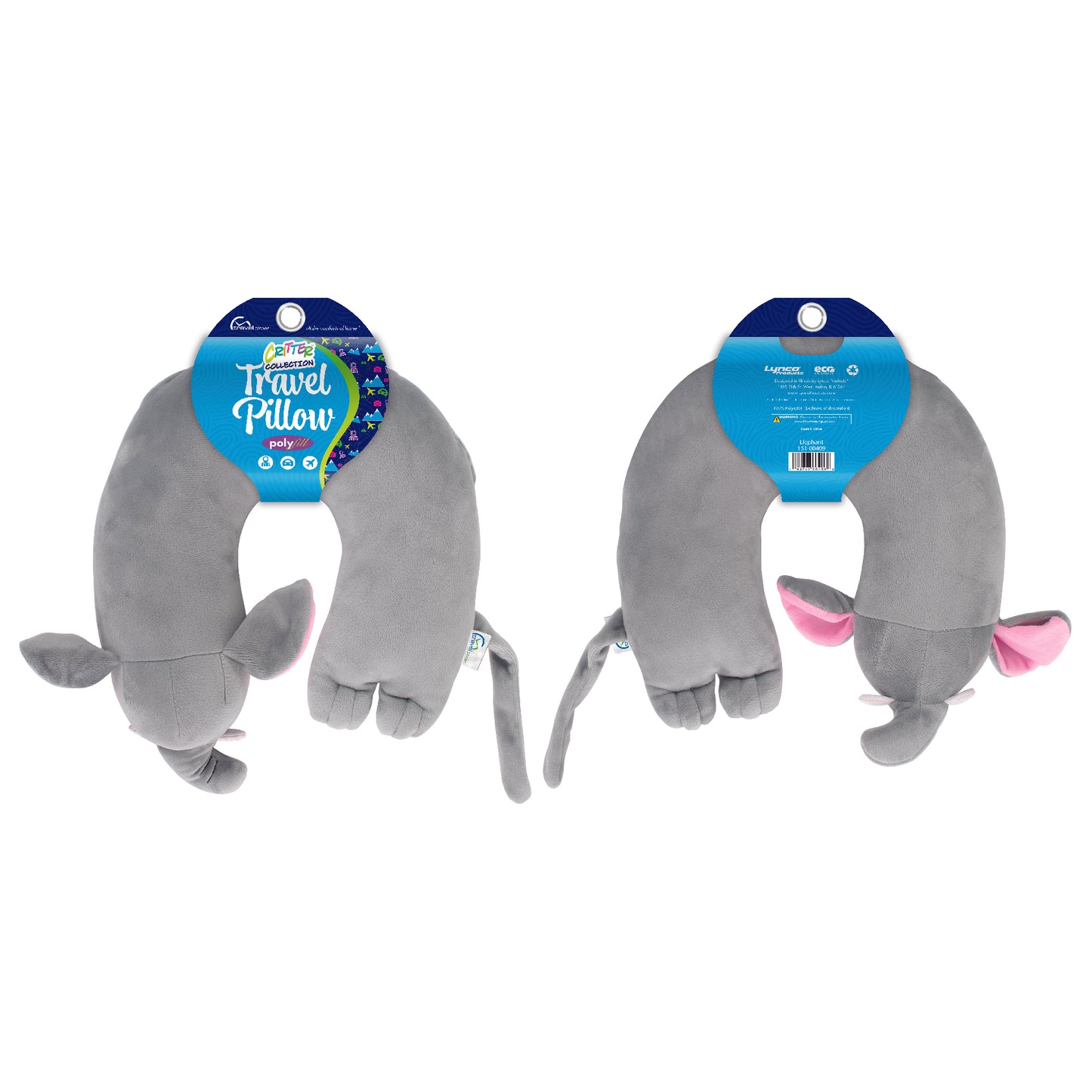 Packaged front and back view of the Elephant Kids' Junior Travel Pillow. This travel neck pillow features a soft, gray body with embroidered facial features, ears, horns, a trunk, and a long tail.