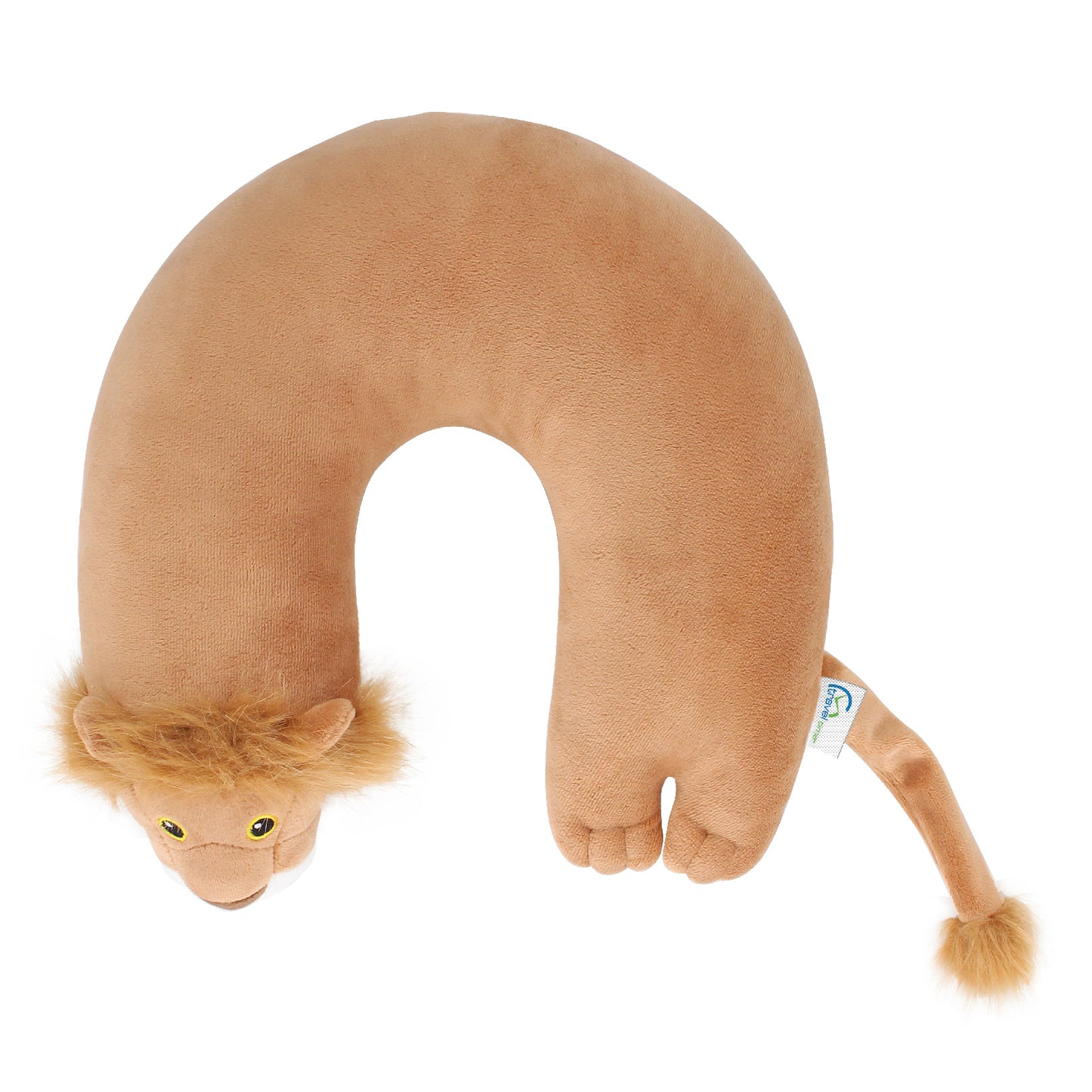 Top view of the Lion Kids' Junior Travel Pillow. This travel neck pillow features a soft, tan body with embroidered facial features, a furry mane, ears, and a furry tail.