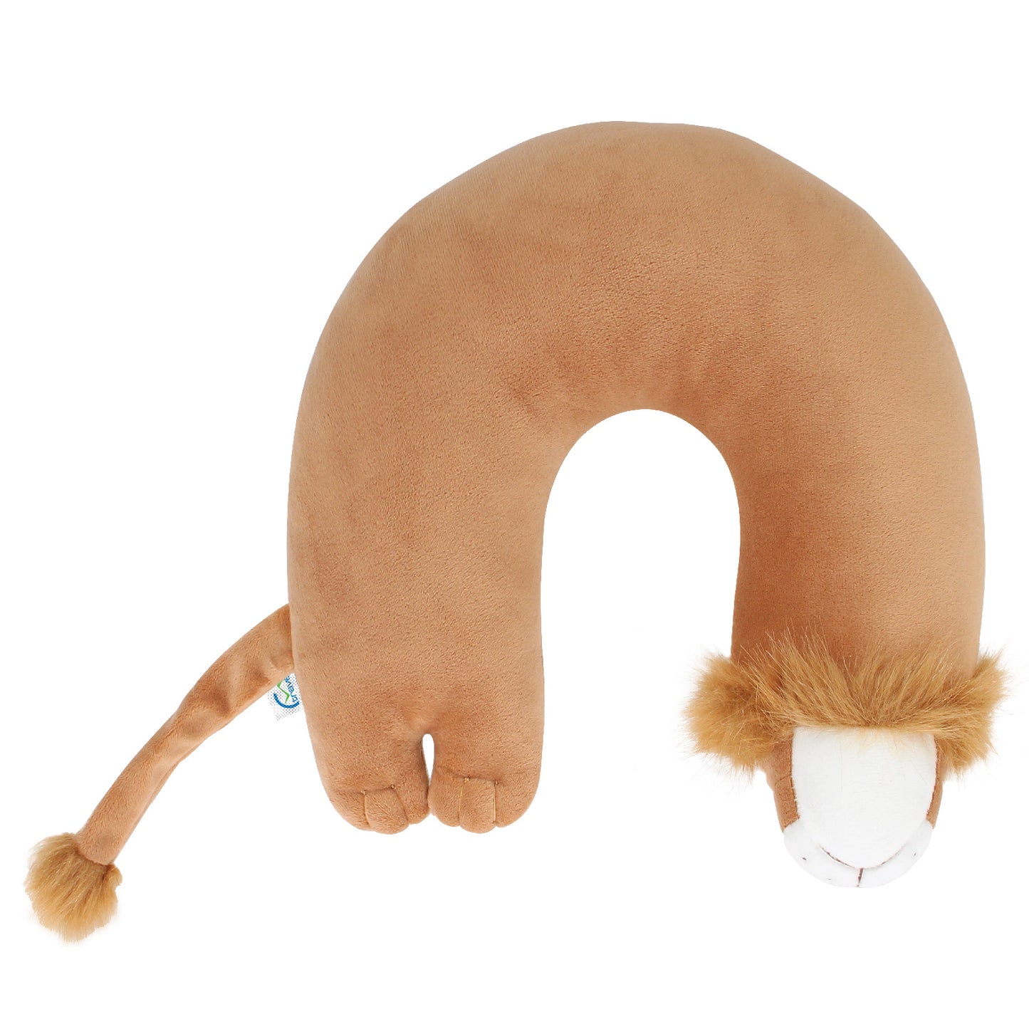 Bottom view of the Lion Kids' Junior Travel Pillow. This travel neck pillow features a soft, tan body with embroidered facial features, a furry mane, ears, and a furry tail.