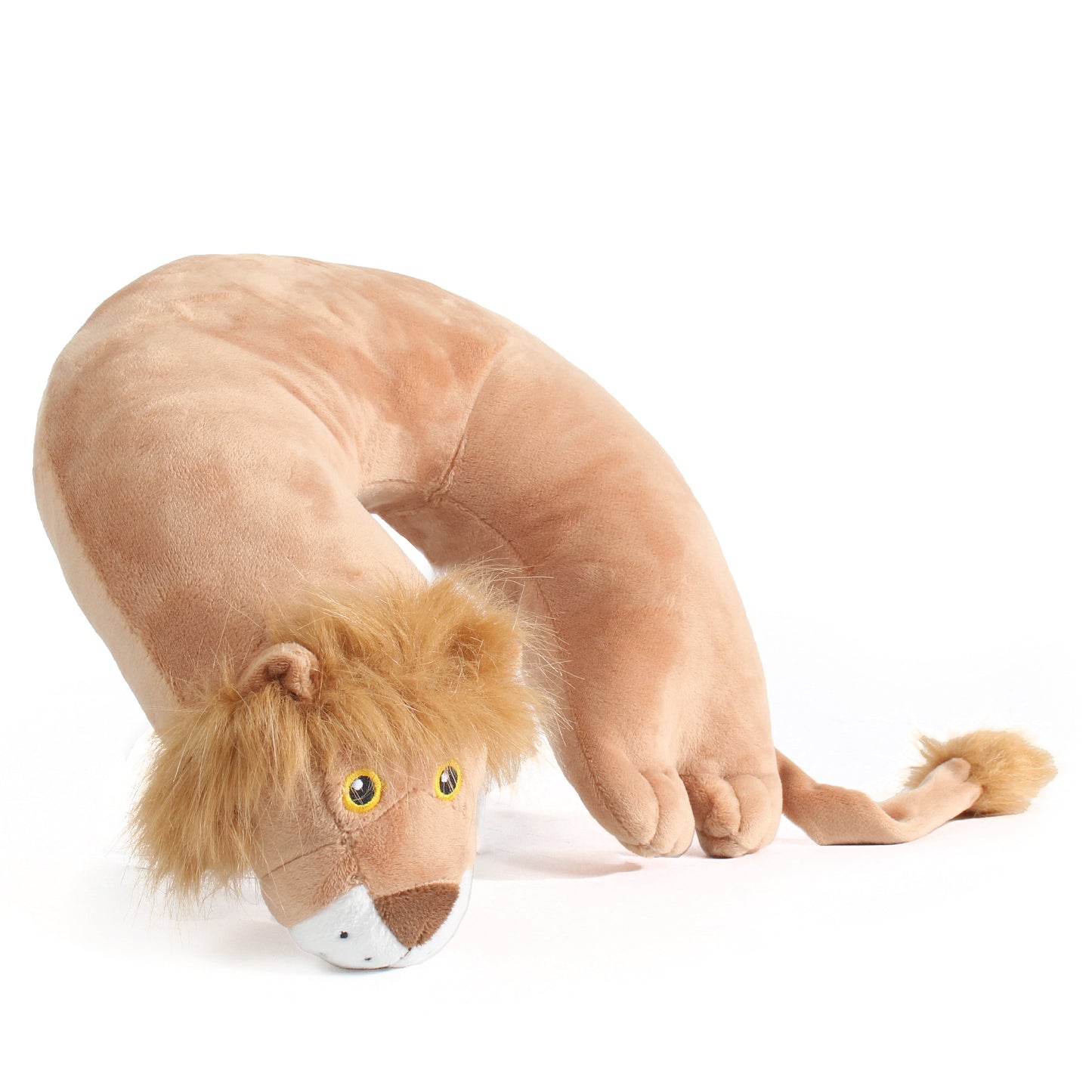 Side view of the Lion Kids' Junior Travel Pillow. This travel neck pillow features a soft, tan body with embroidered facial features, a furry mane, ears, and a furry tail.