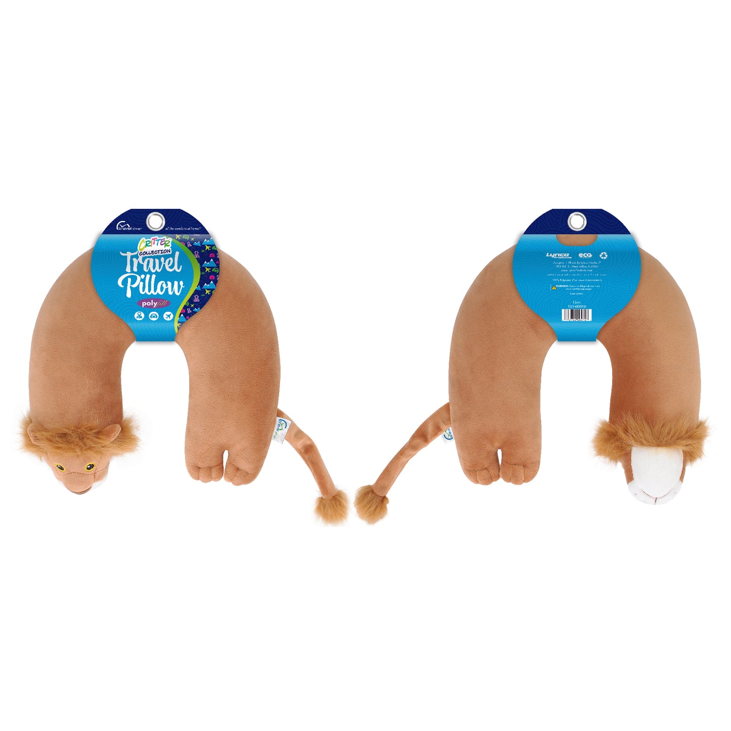 Packaged front and back view of the Lion Kids' Junior Travel Pillow. This travel neck pillow features a soft, tan body with embroidered facial features, a furry mane, ears, and a furry tail.