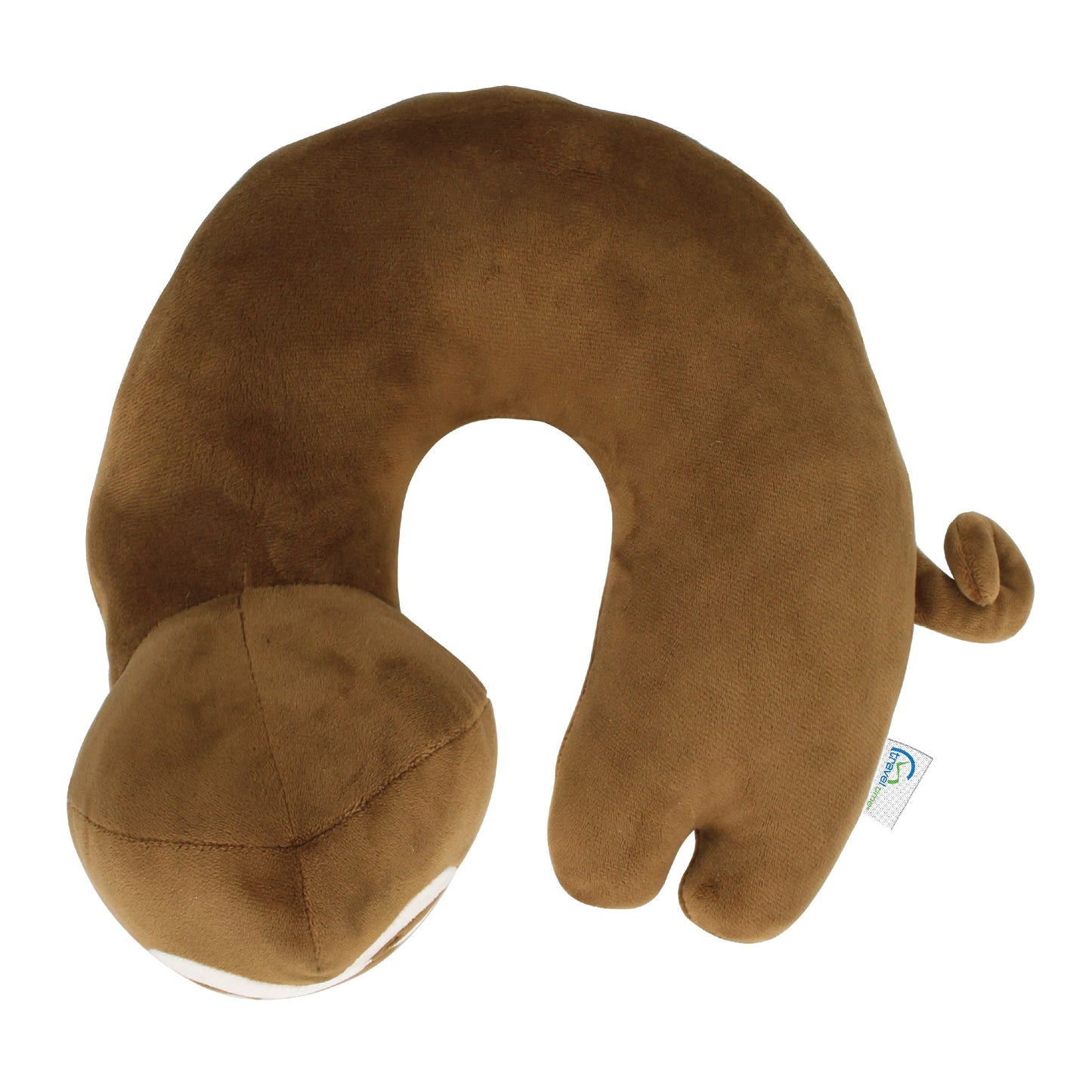 Top view of the Sloth Kids' Junior Travel Pillow. This travel neck pillow features a soft, brown body with embroidered facial features and a short, curled tail.