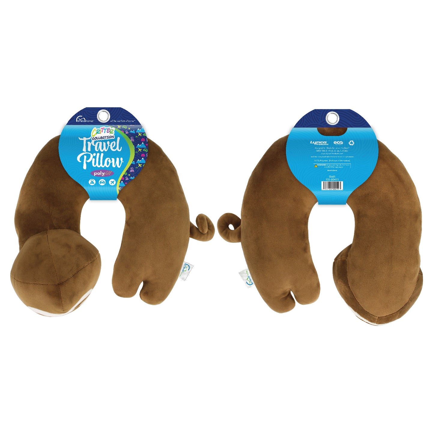 Packaged front and back view of the Sloth Kids' Junior Travel Pillow. This travel neck pillow features a soft, brown body with embroidered facial features and a short, curled tail.
