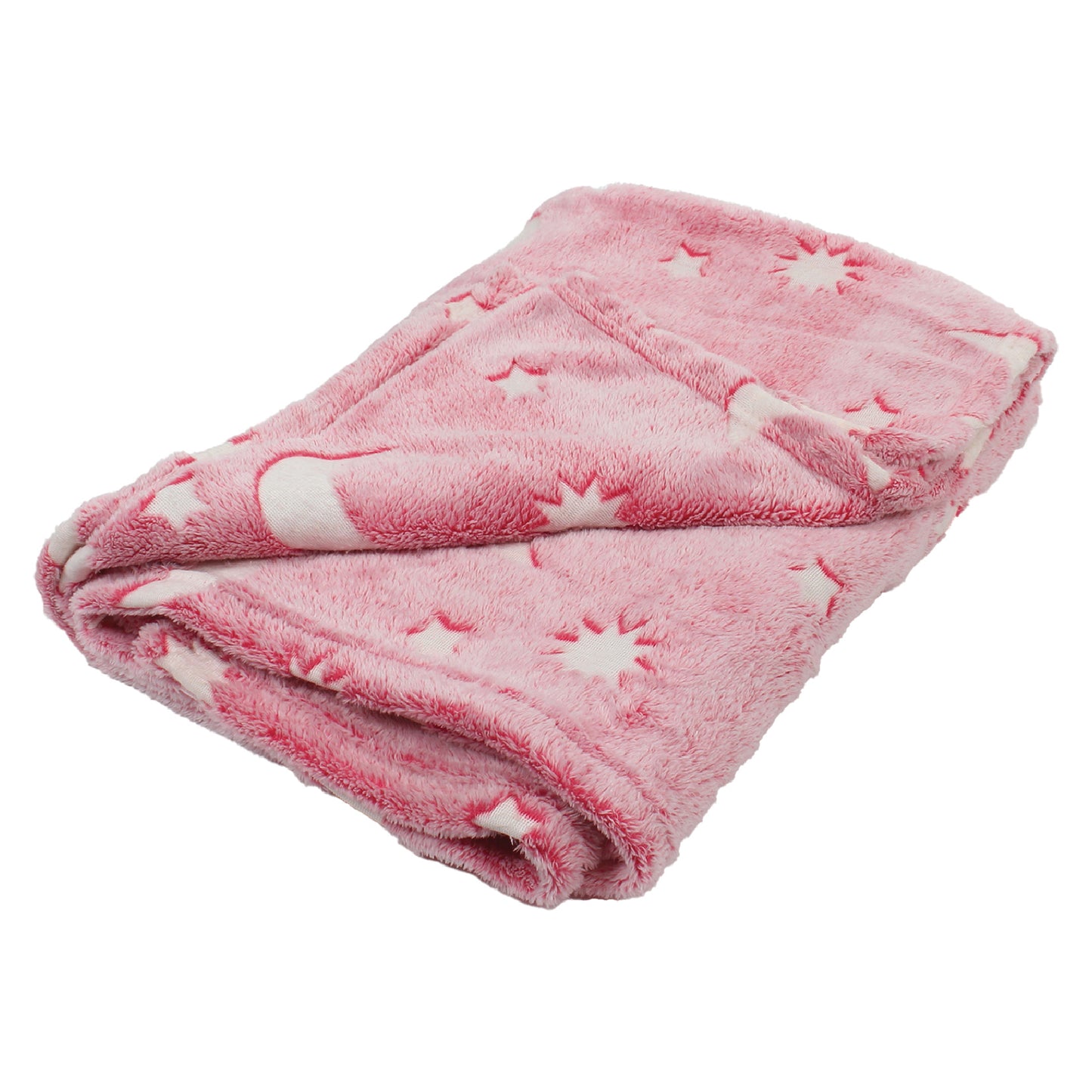 Pink Moon and Stars Glow in the Dark Throw Blanket folded, with one corner lifted to show the other side of the material.