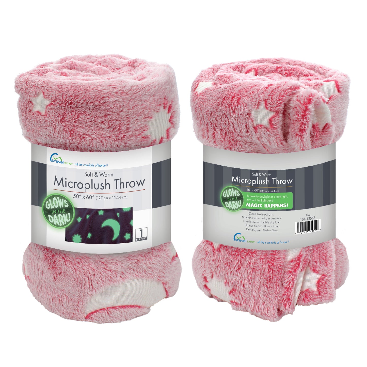 Pink Moon and Stars Glow in the Dark Throw Blanket folded and packaged.