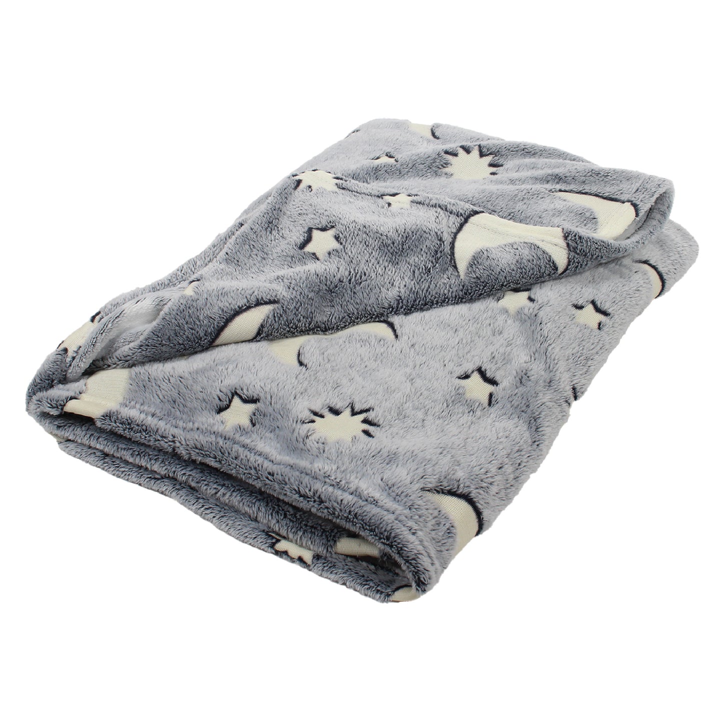 Blue Moon and Stars Glow in the Dark Throw Blanket folded, with one corner lifted to show the other side of the material.