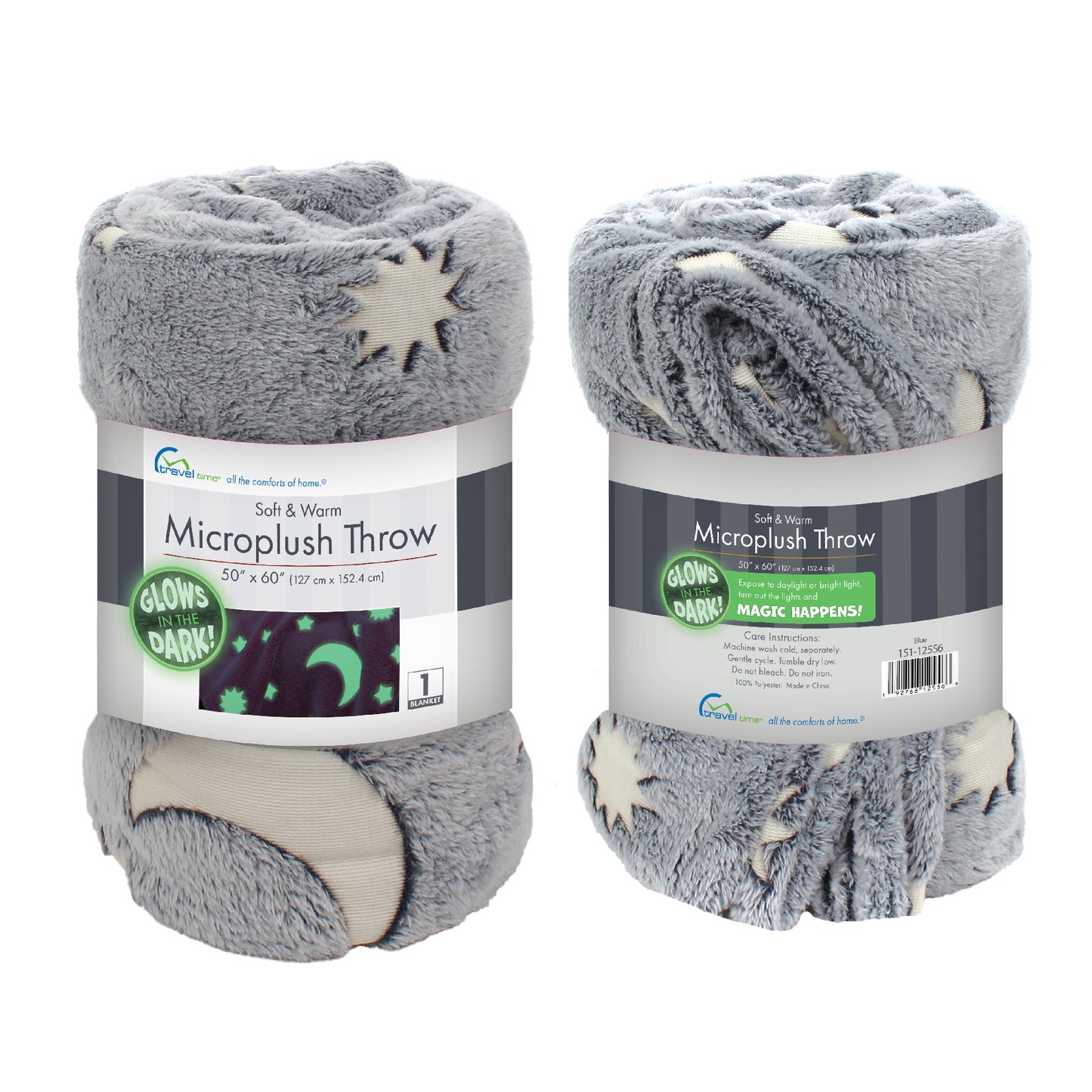 Blue Moon and Stars Glow in the Dark Throw Blanket folded and packaged.