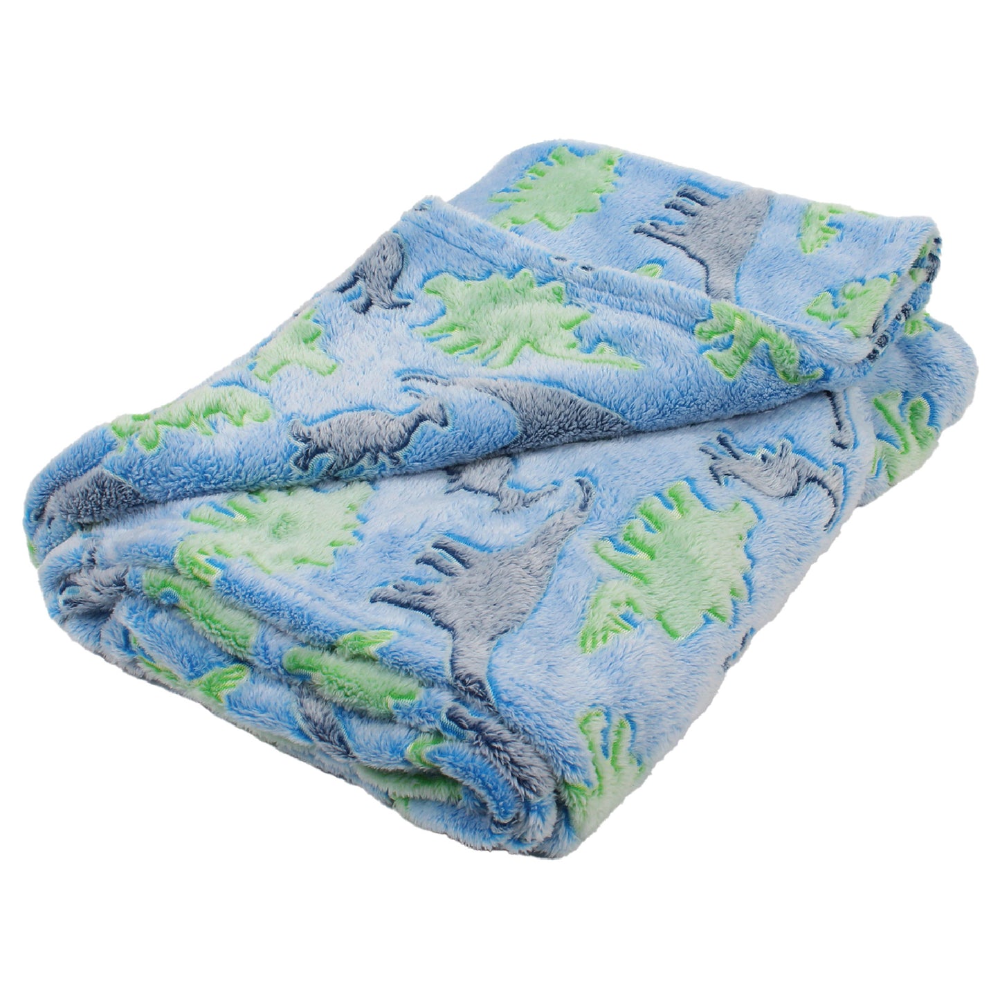 Blue and Green Dinosaurs Glow in the Dark Throw Blanket folded, with one corner lifted to show the other side of the material.