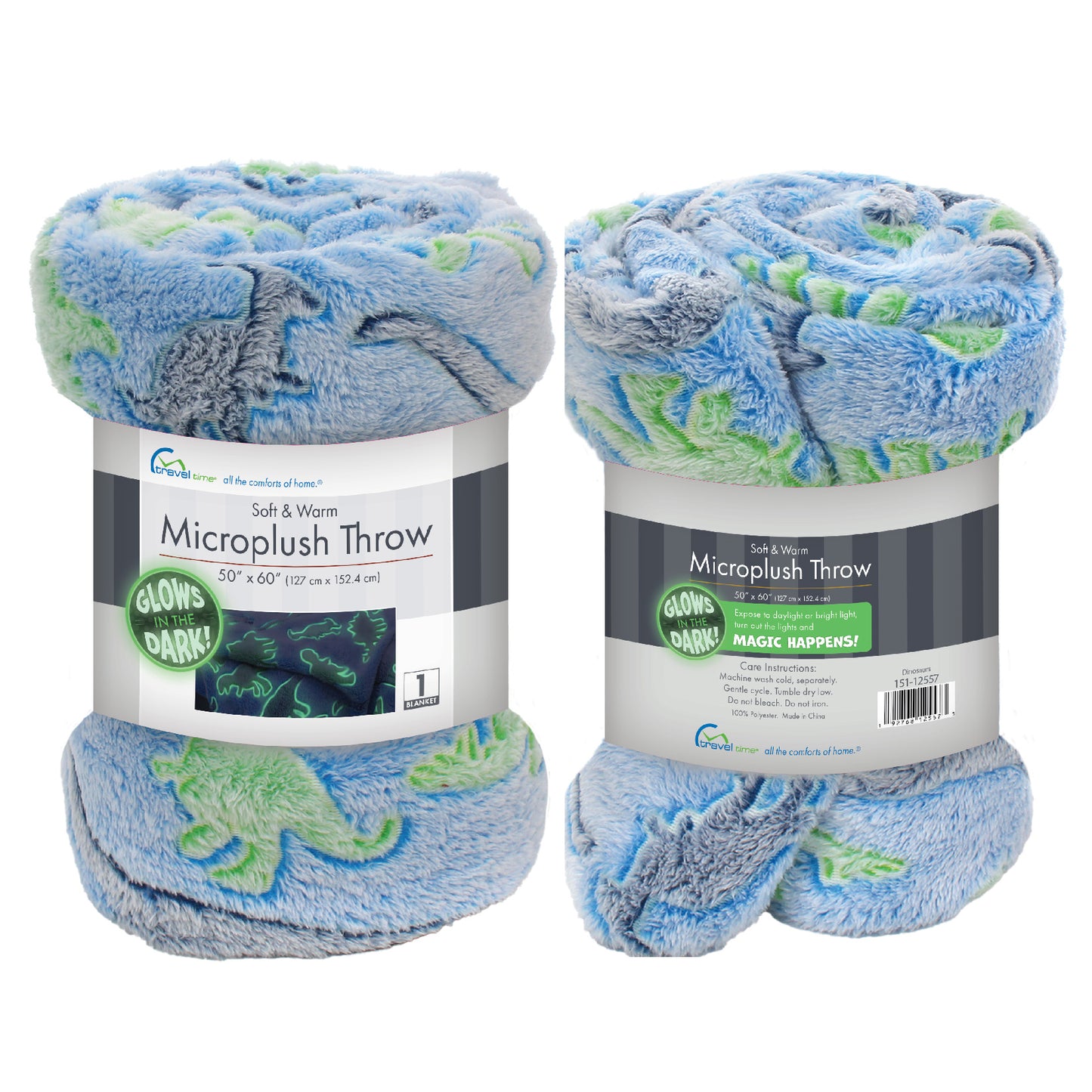 Blue and Green Dinosaurs Glow in the Dark Throw Blanket folded and packaged.