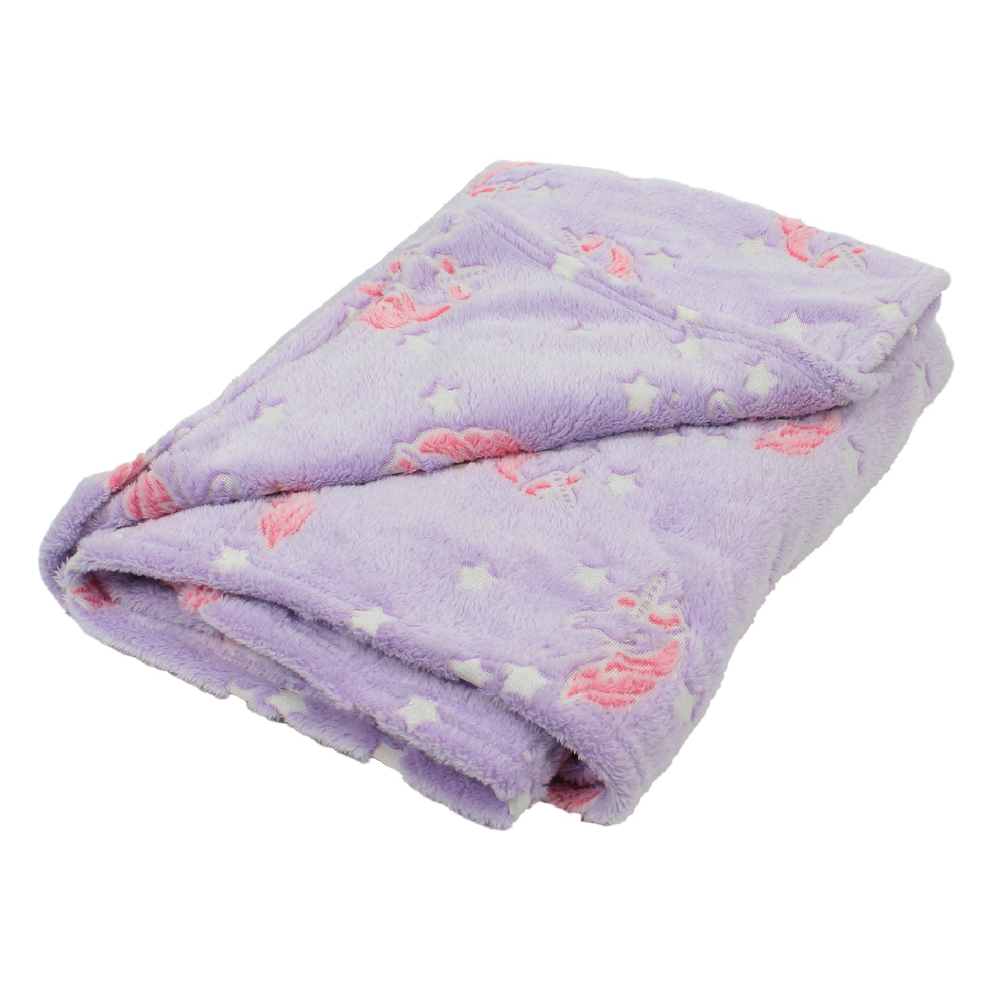 Pink and Purple Unicorn Glow in the Dark Throw Blanket folded, with one corner lifted to show the other side of the material.