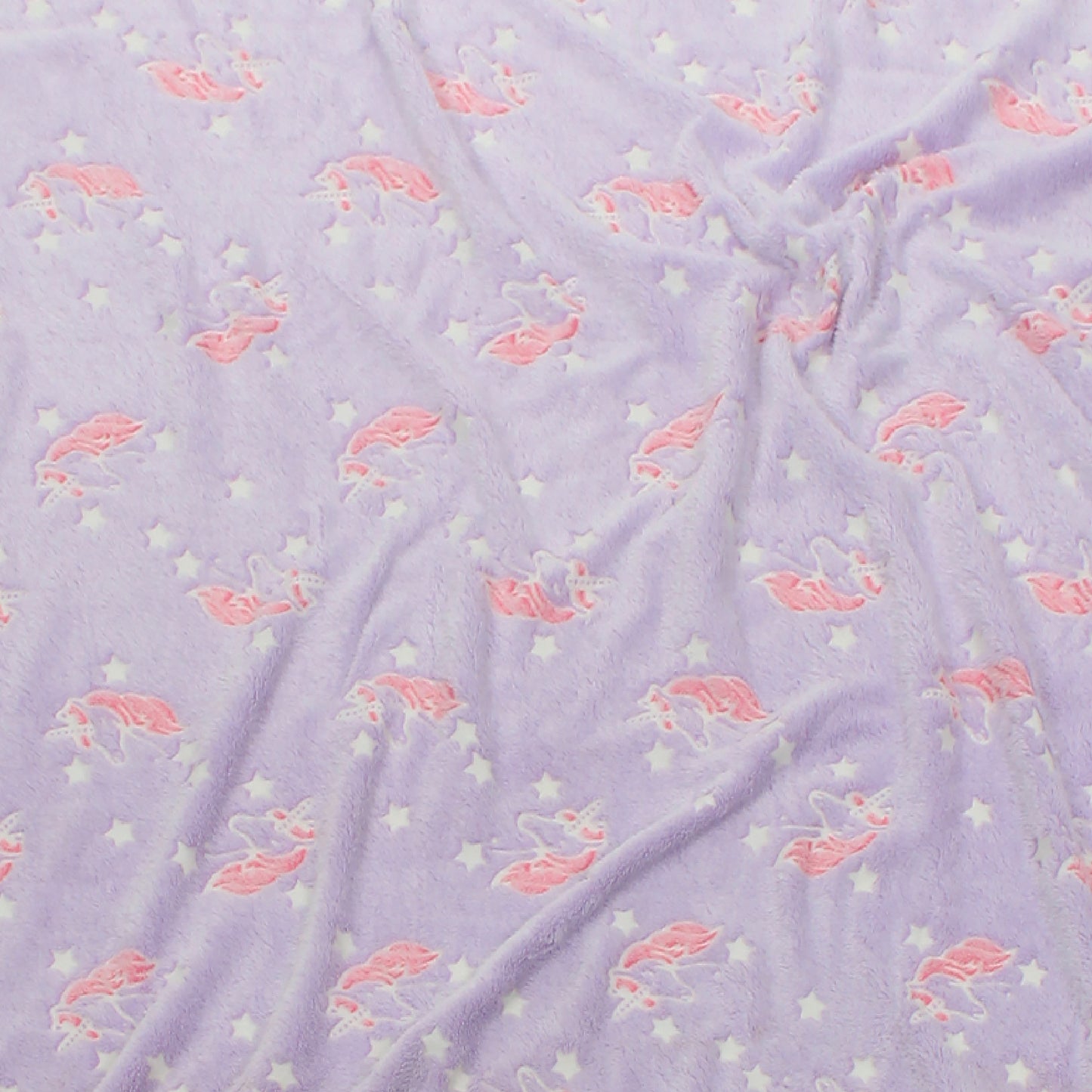 Swatch of the Glow in the Dark Throw Blanket in Pink and Purple Unicorns.