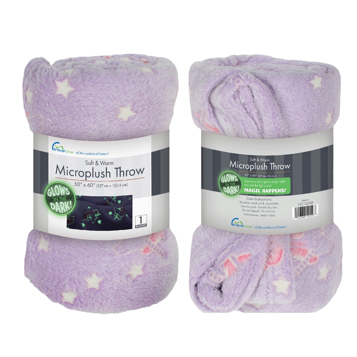 Pink and Purple Unicorns Glow in the Dark Throw Blanket folded and packaged.