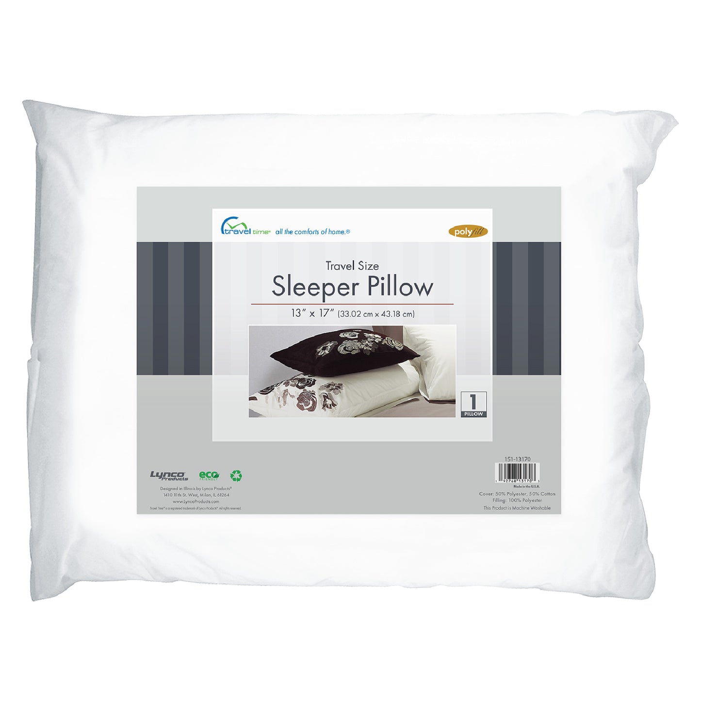Packaged image of the White Sleeper Pillow in the Travel Size (13in x 17in).