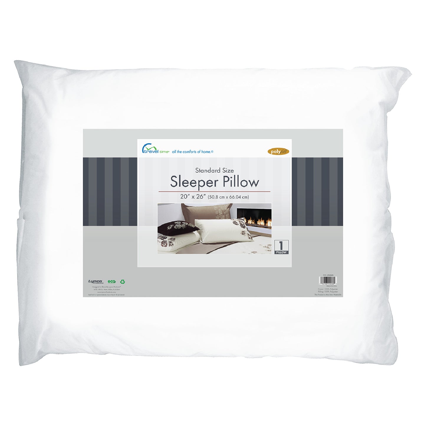 Packaged image of the White Sleeper Pillow in the Standard Size (20in x 26in).