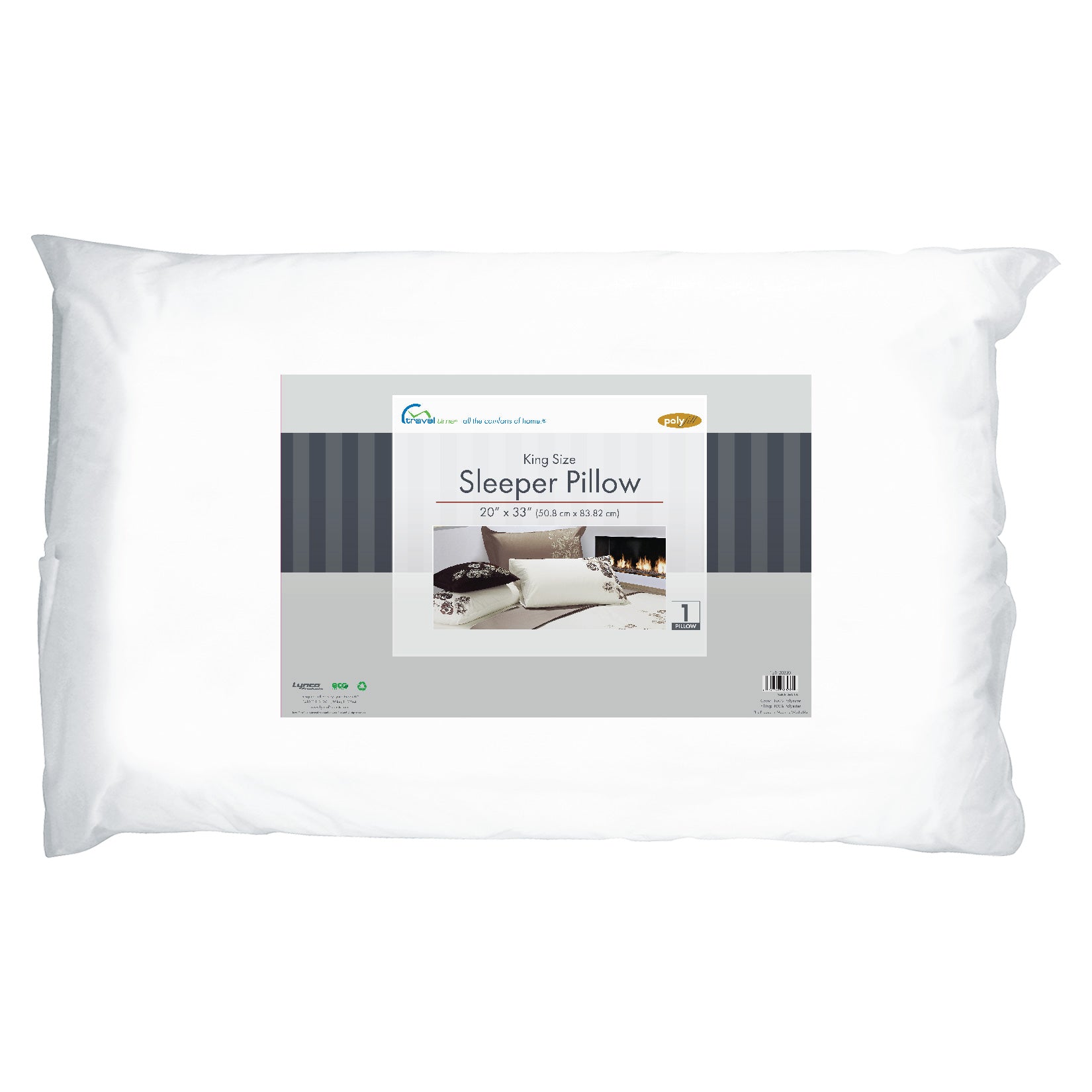 Packaged image of the White Sleeper Pillow in the King Size (20in x 33in).