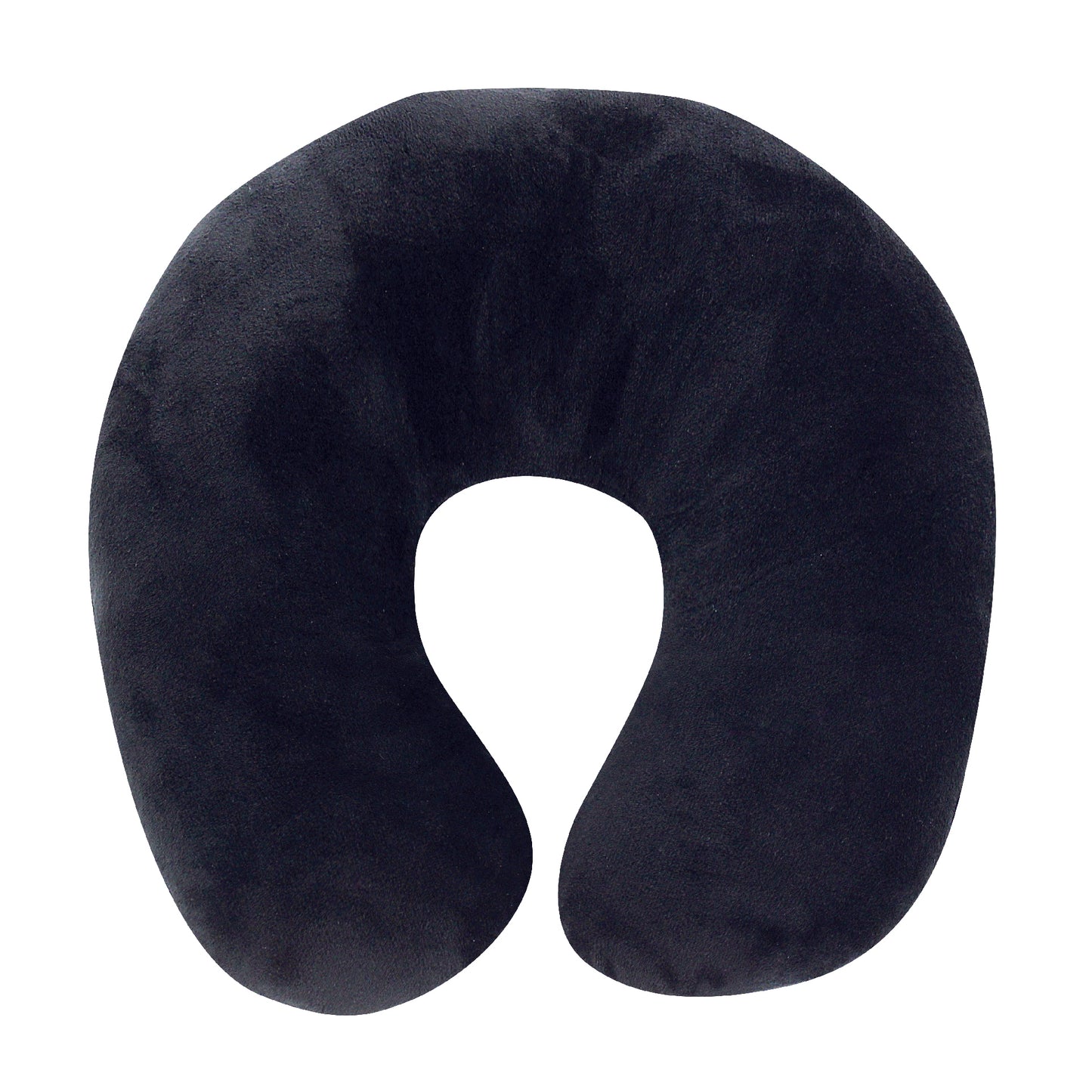 Front view of the Plush Travel Neck Pillow in Black, which is made of ultra-soft dark black fabric.
