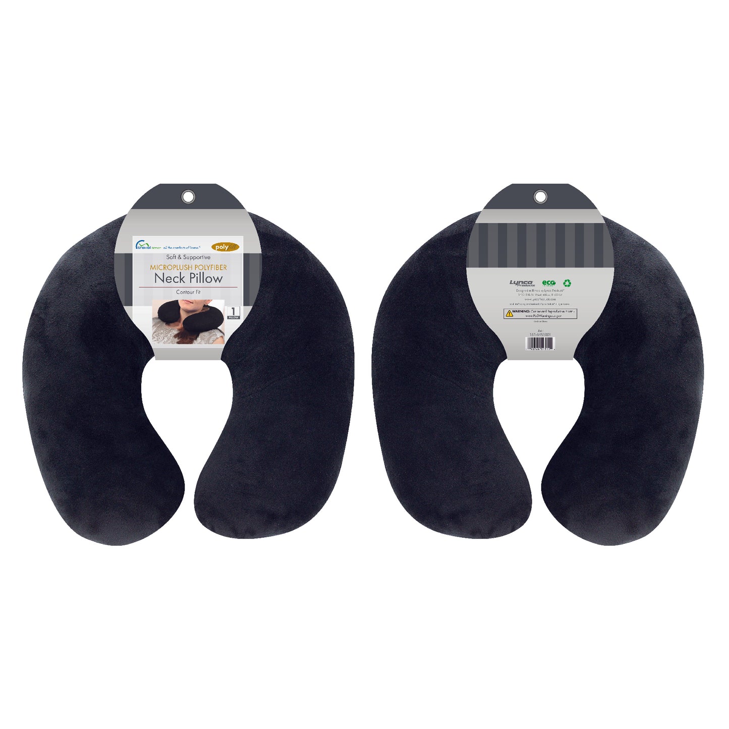 Packaged front and back view of the Plush Travel Neck Pillow in Black, which is made of ultra-soft dark black fabric.