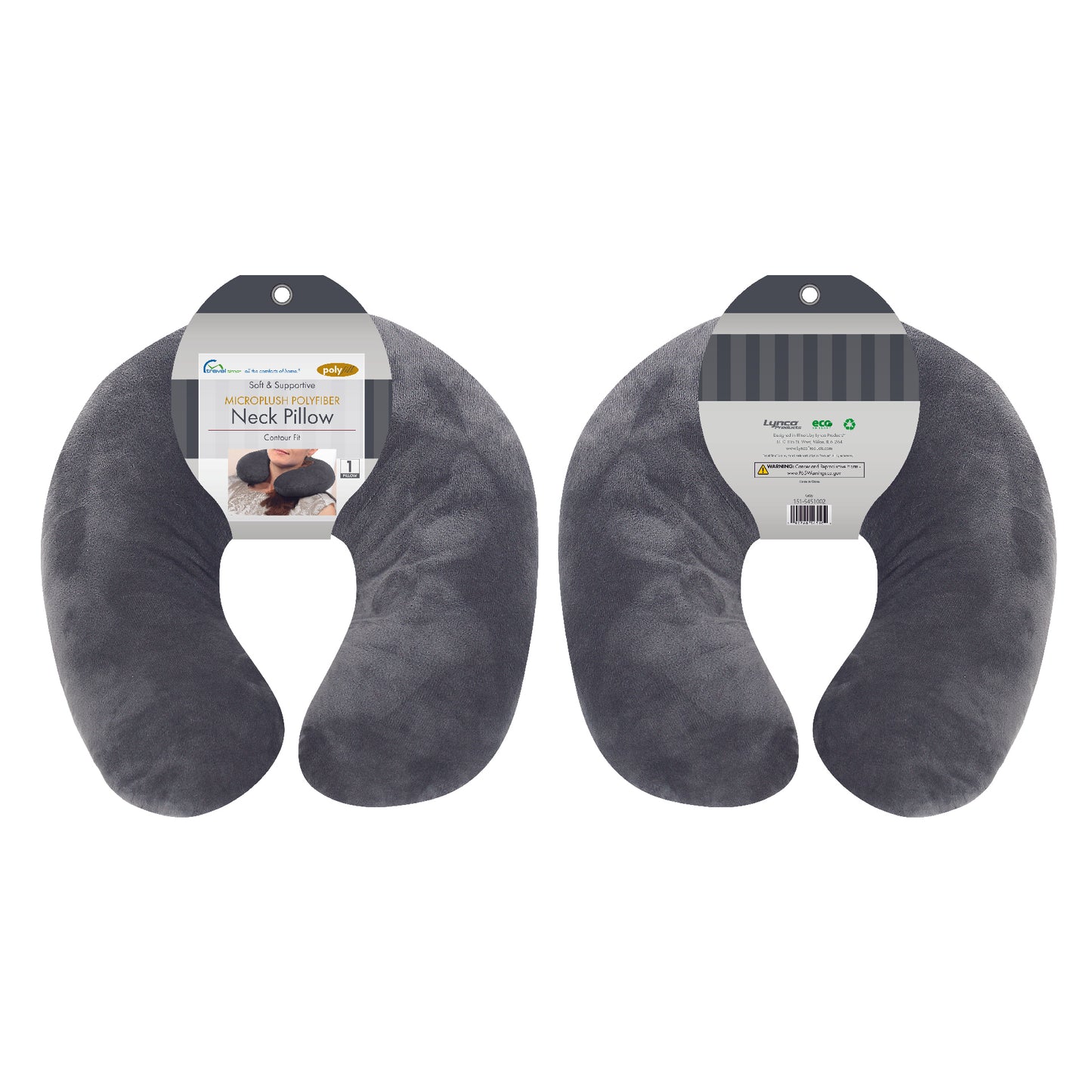 Packaged front and back view of the Plush Travel Neck Pillow in Gray, which is made of ultra-soft light gray fabric.