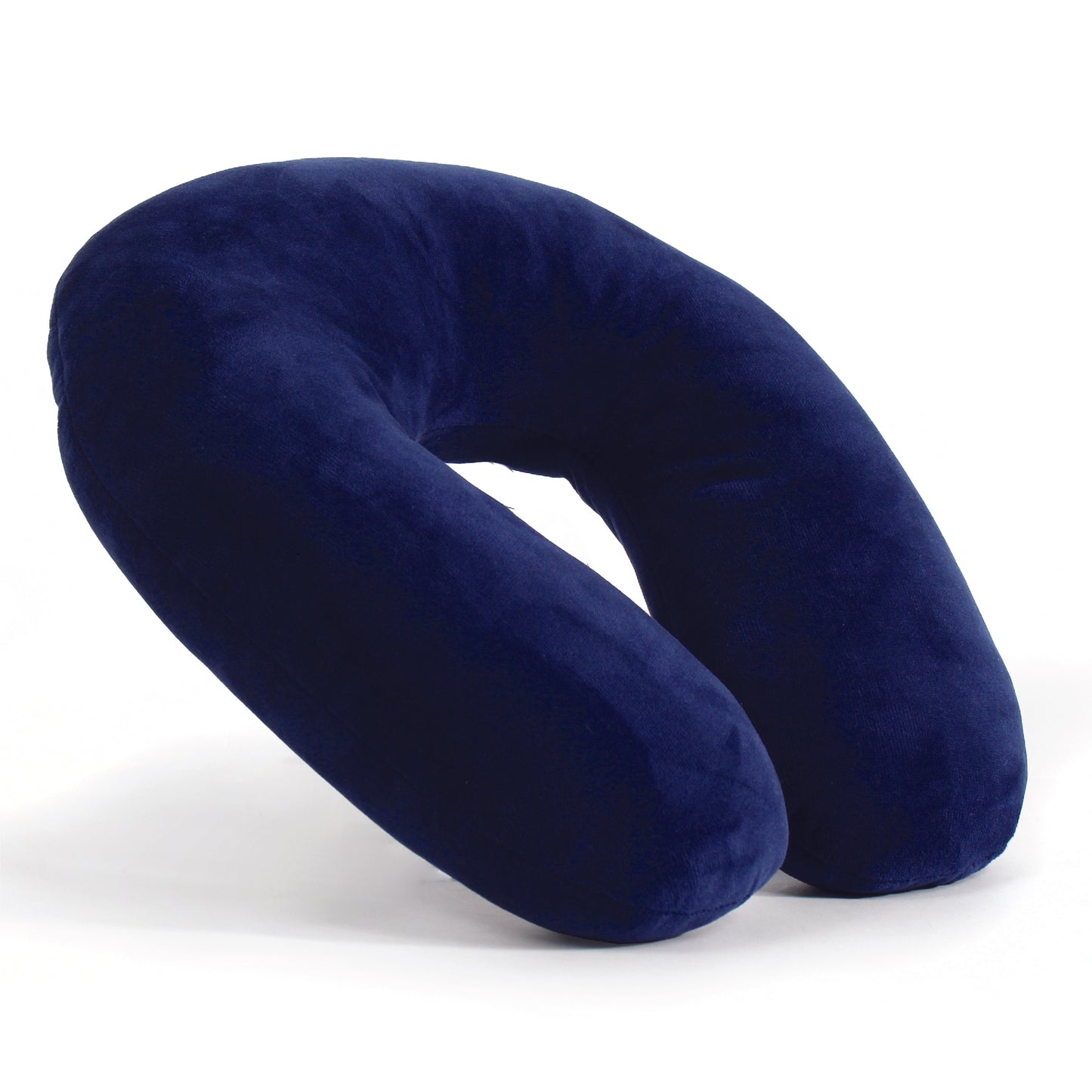 Side view of the Plush Travel Neck Pillow in Navy, which is made of ultra-soft dark navy fabric.